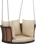 VINGLI 2.4 FT 1-Person Use Round Rattan Porch Swing Outdoor Support 440 LBS with Cushions & Adjustable Chains, Patio Wicker Swing Bench Chair for Garden, Yard, Lawn, Tree, Brown