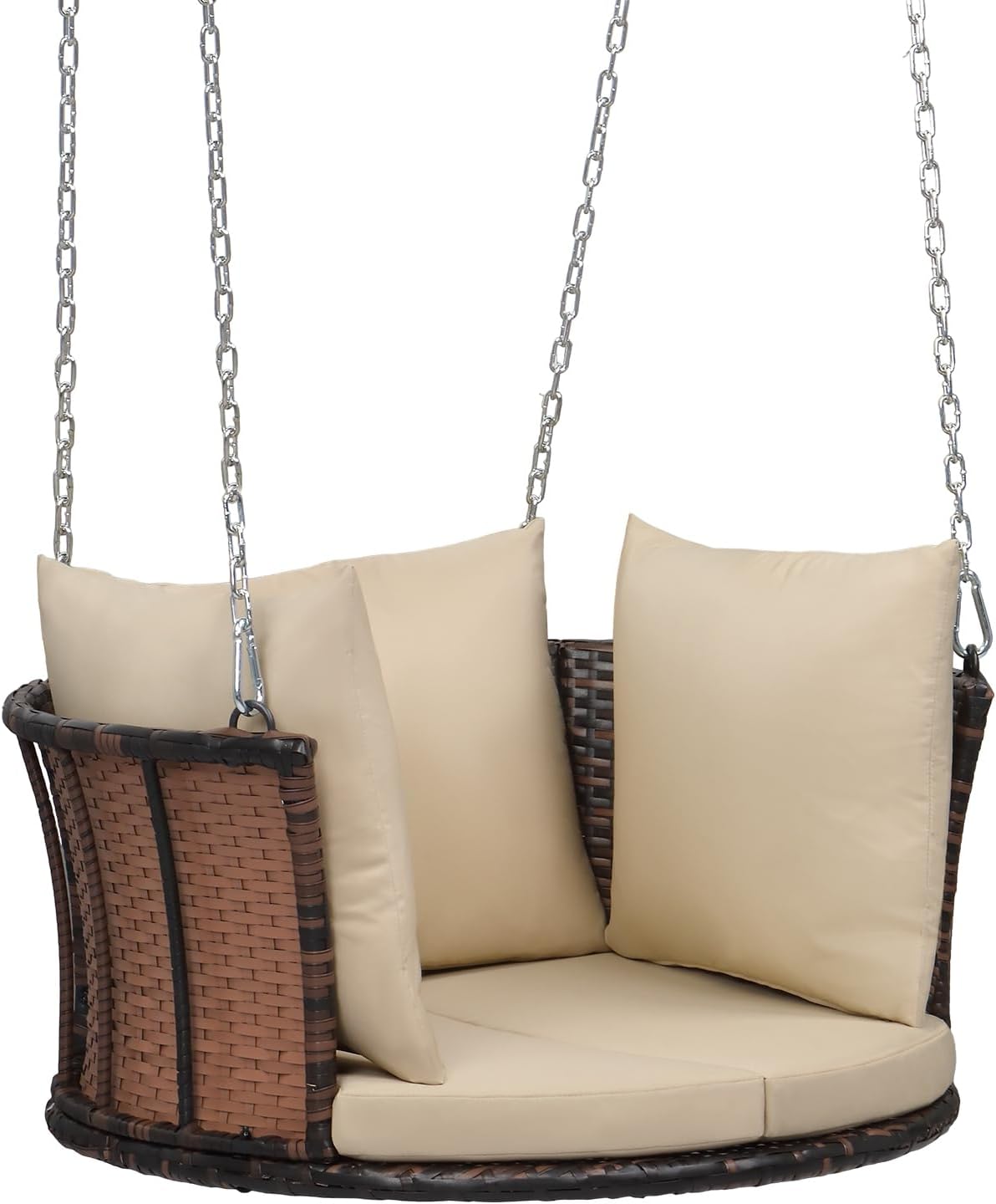 VINGLI 2.4 FT 1-Person Use Round Rattan Porch Swing Outdoor Support 440 LBS with Cushions & Adjustable Chains, Patio Wicker Swing Bench Chair for Garden, Yard, Lawn, Tree, Brown