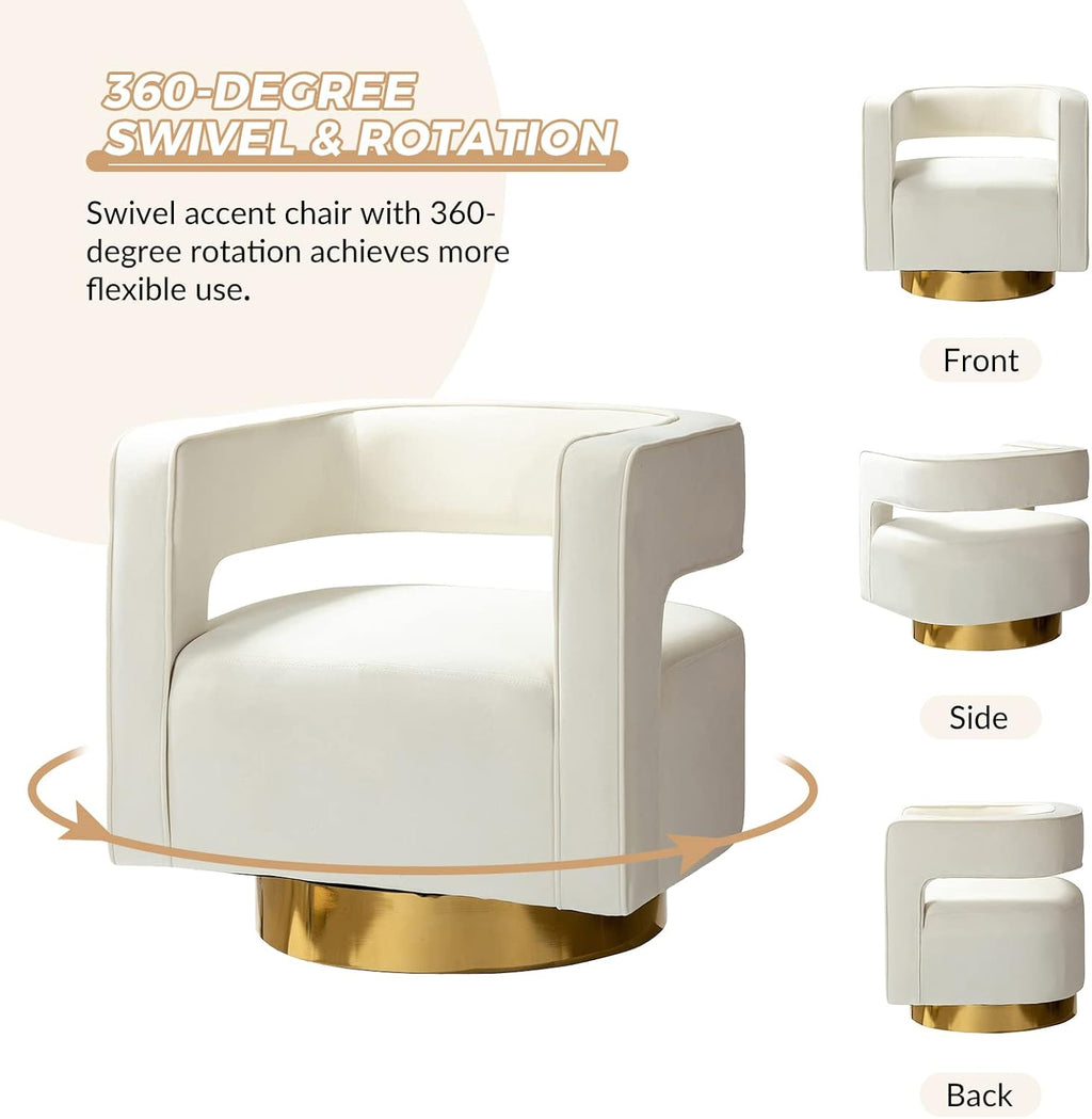 TINA'S HOME Swivel Accent Barrel Chair, Modern Velvet Armchair with 3D Curved Open Back & Swivel Gold Metal Base, Upholstered Club Chair for Living Room Bedroom Nursery, Ivory(No Assembly Required)