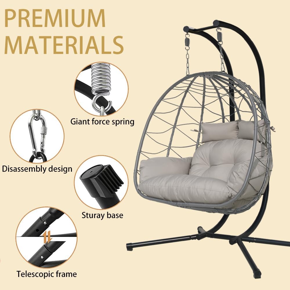 Double Egg Chair with Stand Patio Love Seats Chair w/Cushion Outdoor Waterproof Hanging Swing Wicker Rattan Basket (Double Gray)