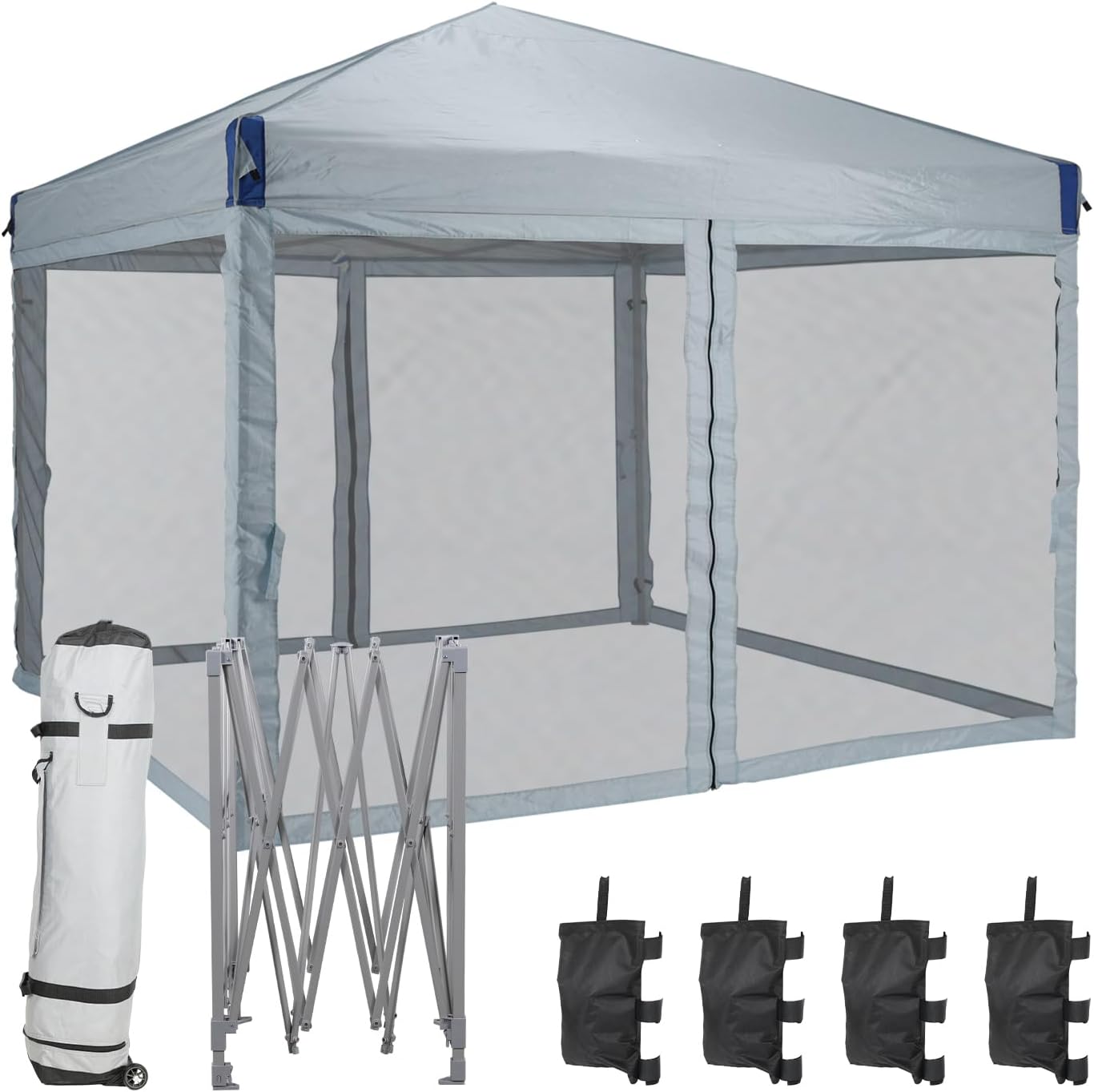 Aoodor 10x10 Ft Pop Up Canopy Tent with Netting, Water-Resistant 210D Oxford Fabric Shade, Easy Assembly Commercial Gazebo with Wheeled Carry Bag & 4 Sand Bags for Camping, Party, Gray