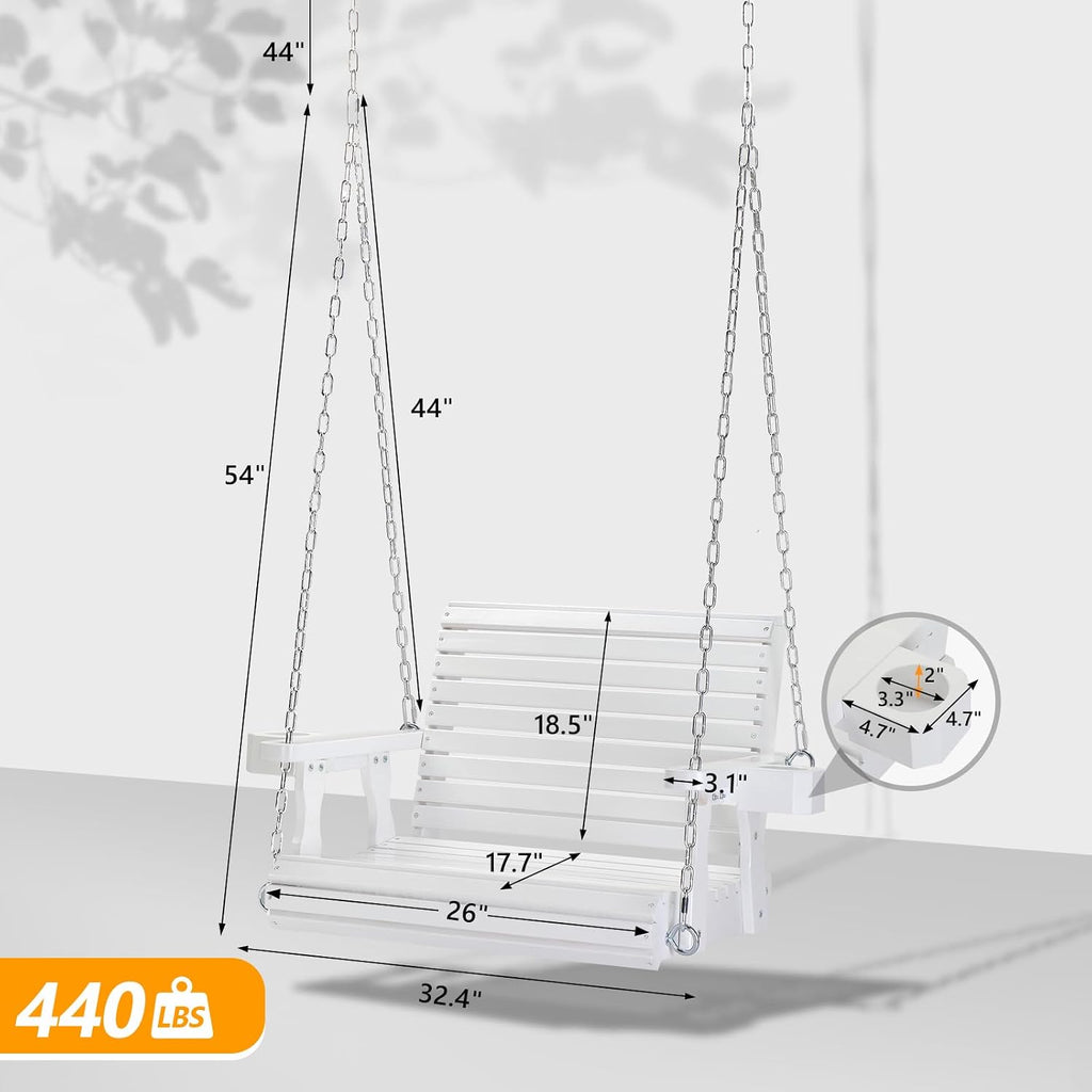 VINGLI Heavy Duty 440 LBS 1-Person Wooden Patio Porch Swing with Deeper Seat & Higher Backrest & Extra Cup Holder for Adults & Kids, Outdoor Single Porch Swing for Porch, Yard, Balcony, Tree (White)