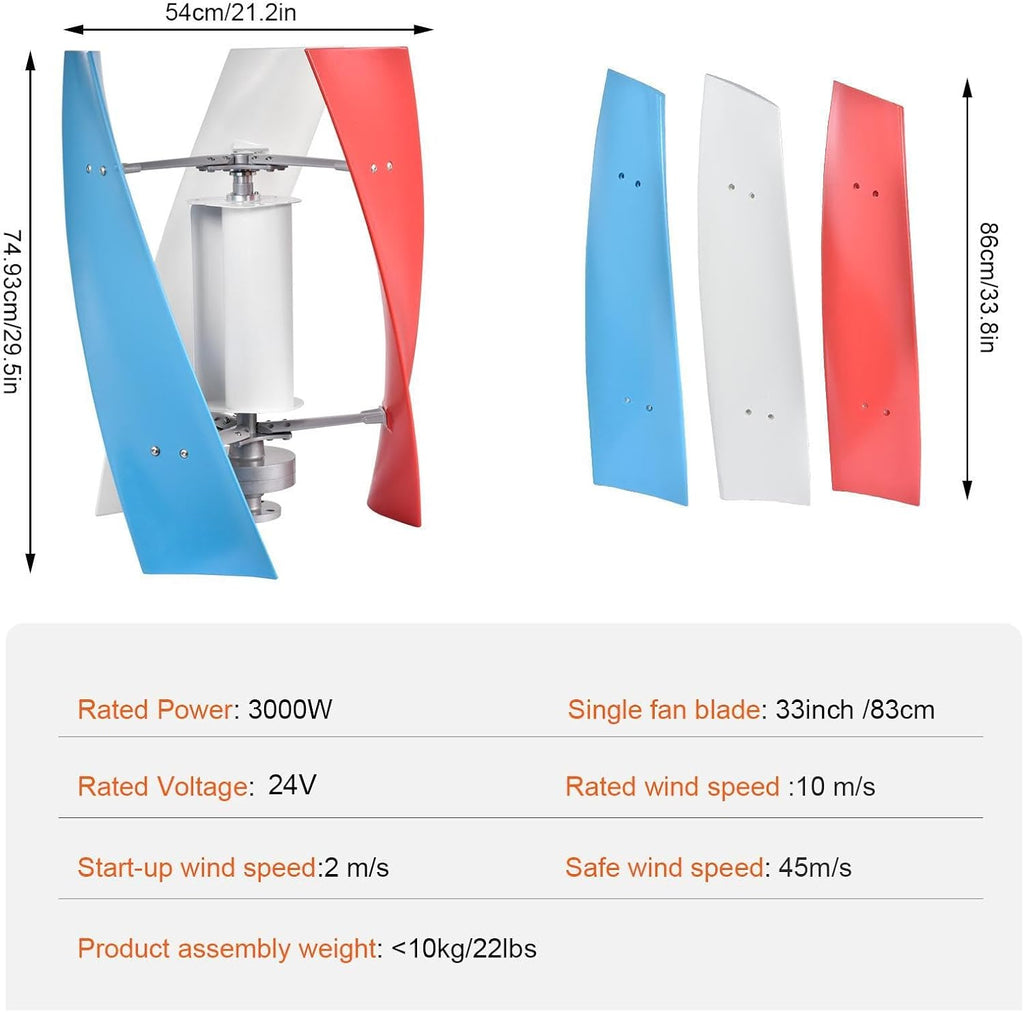 3000W Wind Turbine Generator Kit,12V/24V Vertical Axis Wind Turbine,Maglevs Winds Generator With Controller,Quiet 3 Leaves Small Household Windmill For Boats, Terraces, Cabins, Home,Industrial Energy