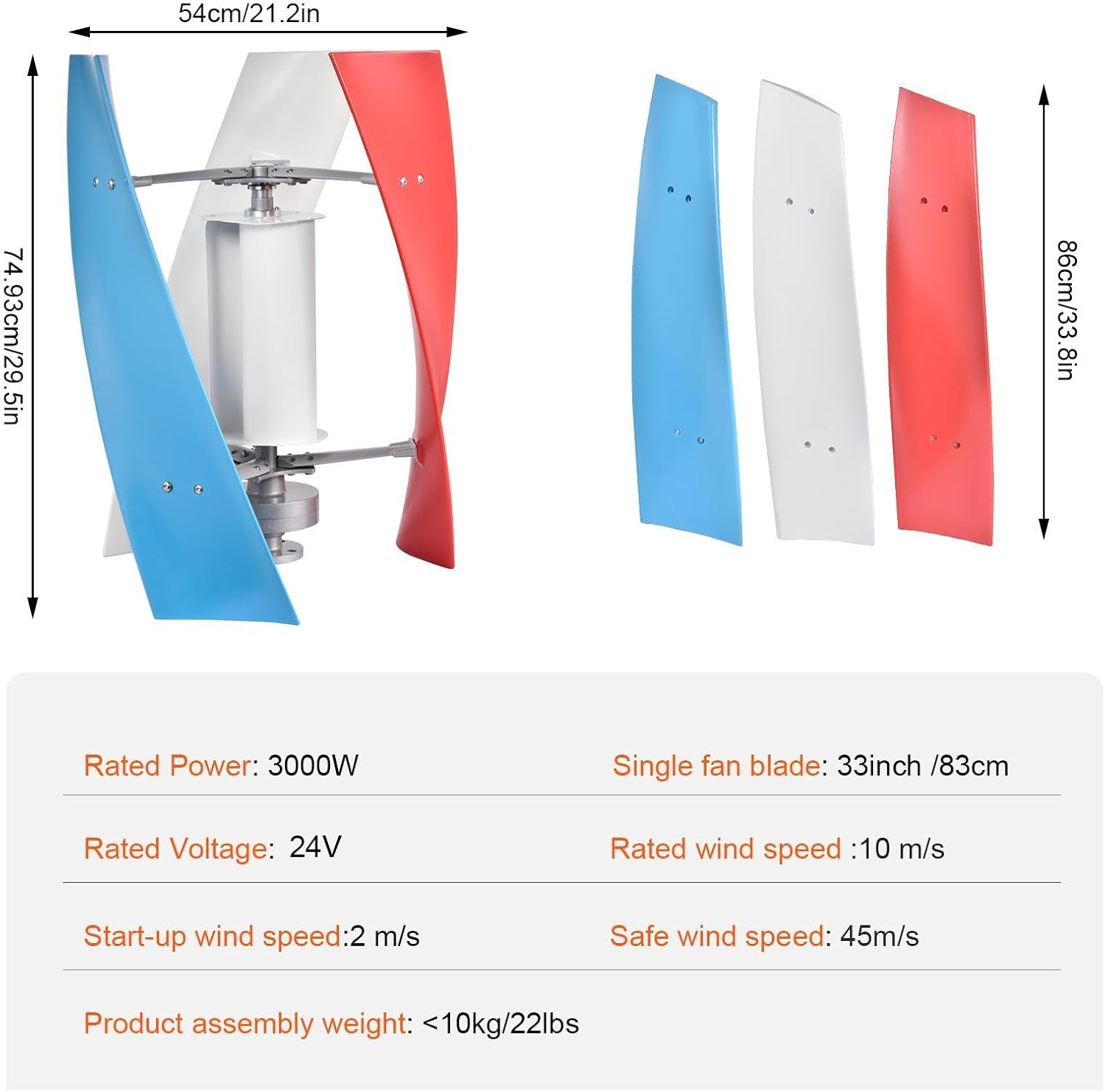 3000W Wind Turbine Generator Kit,12V/24V Vertical Axis Wind Turbine,Maglevs Winds Generator With Controller,Quiet 3 Leaves Small Household Windmill For Boats, Terraces, Cabins, Home,Industrial Energy