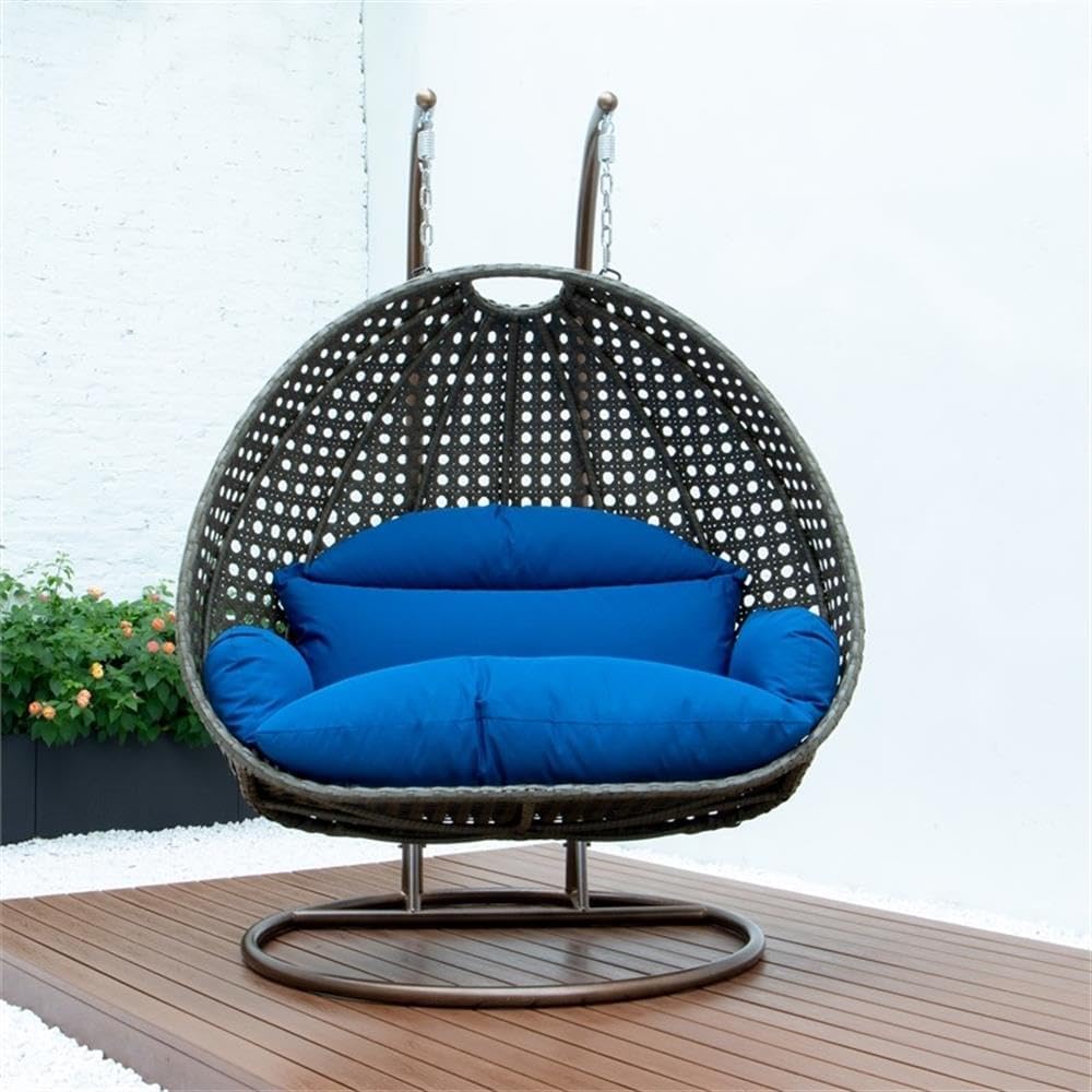 LeisureMod Blue Wicker 2 Person Egg Swing Chair with Beige Stand and Cushions - Double Hanging Hammock Lounge for Patio, Indoor & Outdoor Use