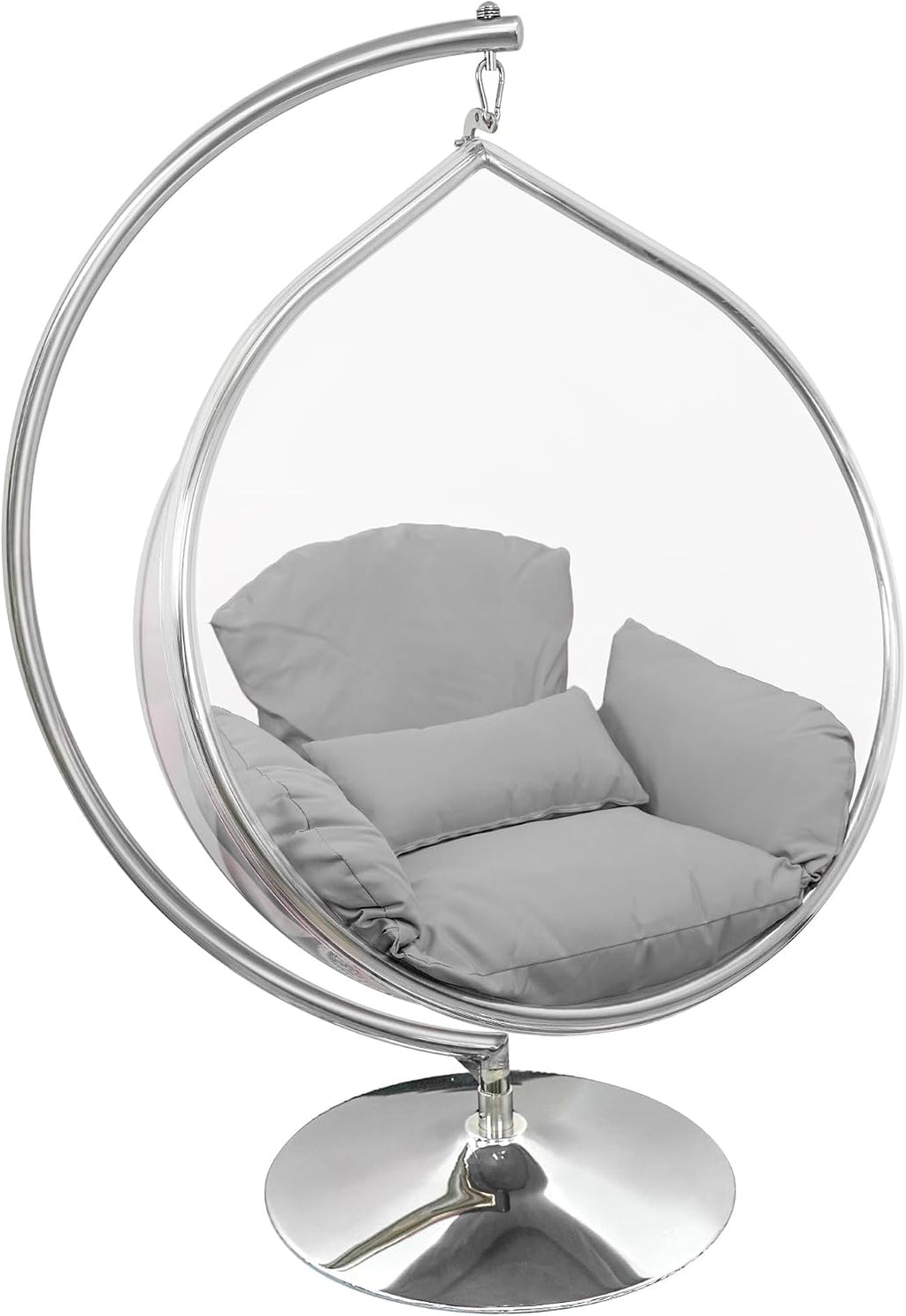 Hanging Chair - Transparent Acrylic Bubble, Waterdrop Shape, Indoor Swing Chair with Gold/Chrome Stand, Durable Fabric Cushion - Luxury Accent for Living Room, Bedroom (Chrome/Gray)