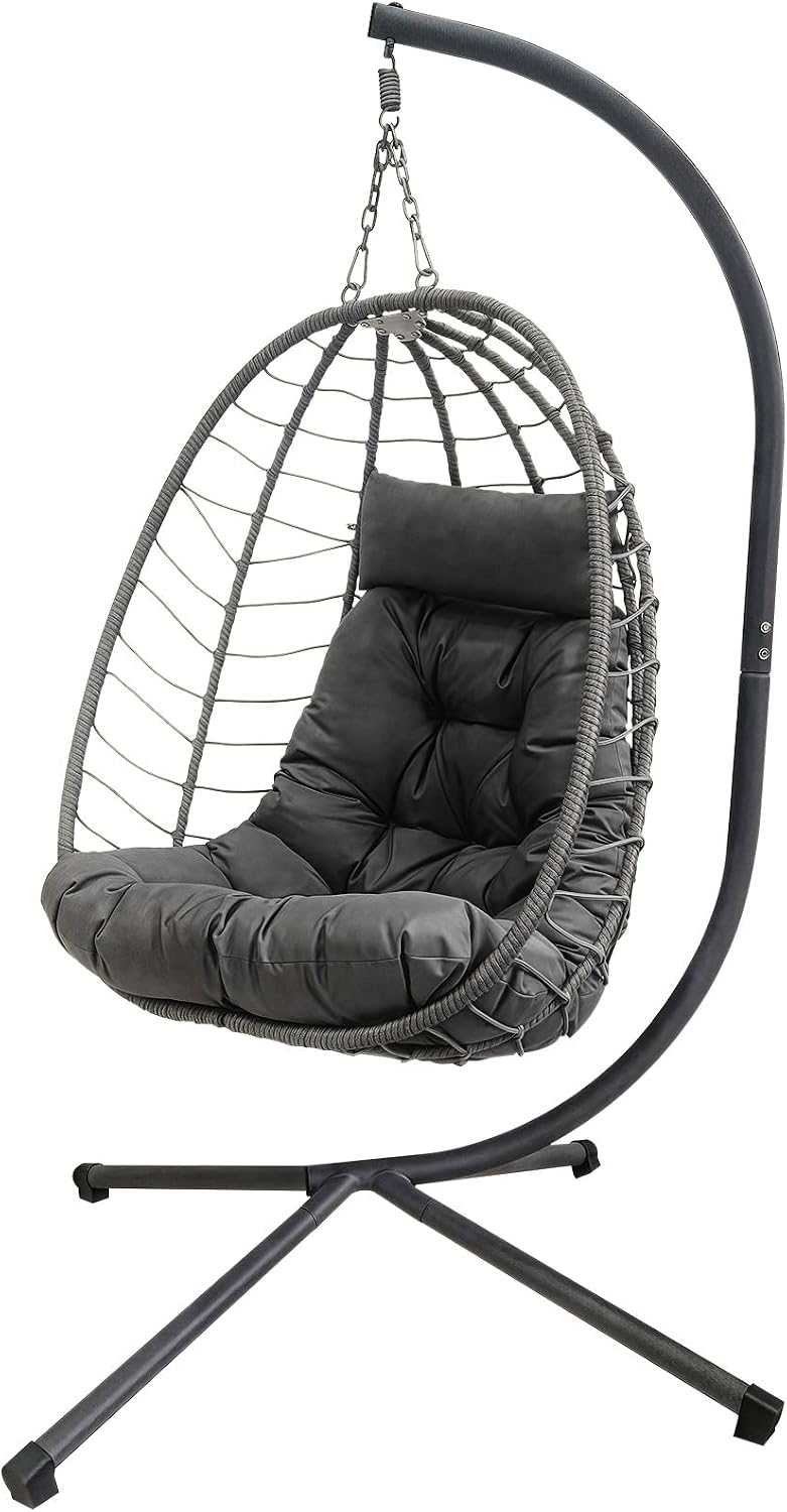 Hanging Egg Chair with Stand, Outdoor Indoor Rattan Wicker Swing Chair, Foldable Patio Hammock with Cushion, Dark Grey, 350 LBS Capacity (Dark Grey)