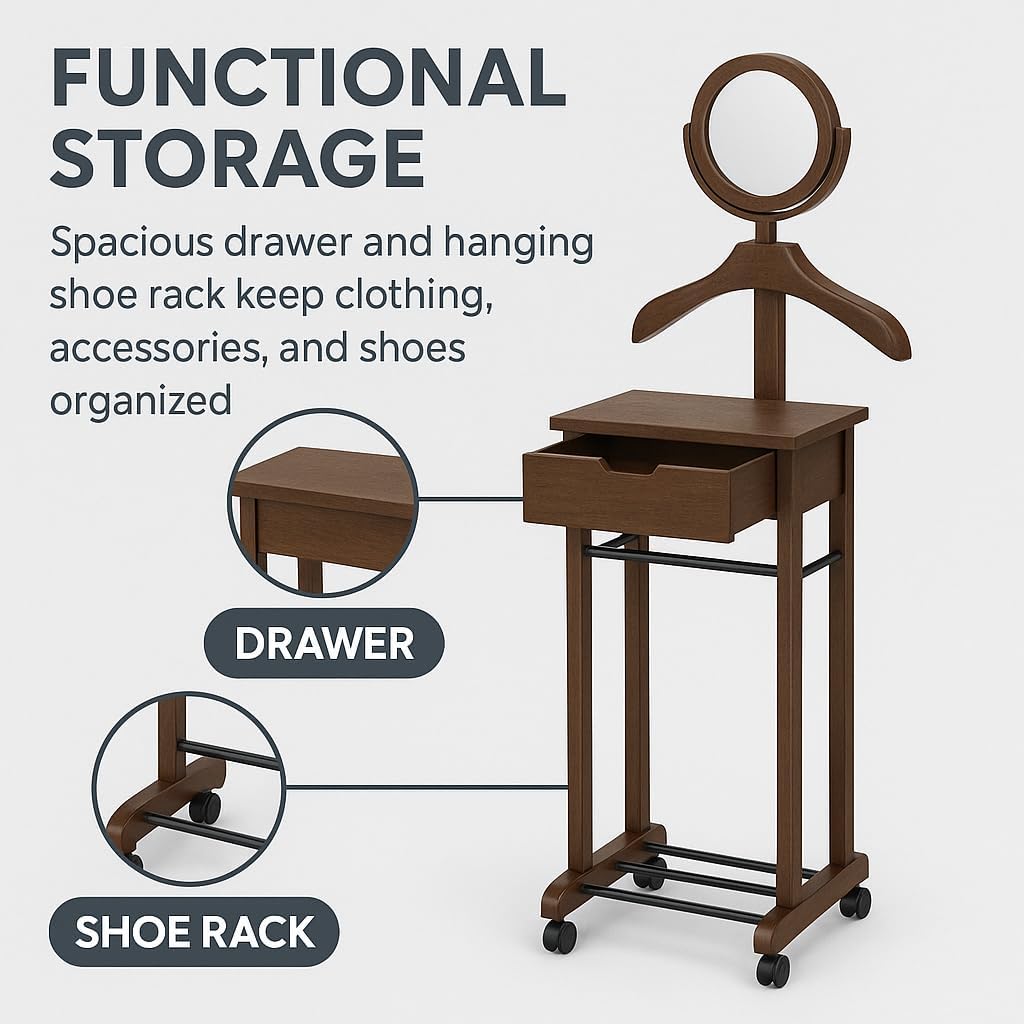 Ergode Mens Valet Stand – Clothes Valet, Suit Rack, Cloth Stand, Valet Chair & Jacket Display Organizer for Men's Clothing & Accessories (Walnut)