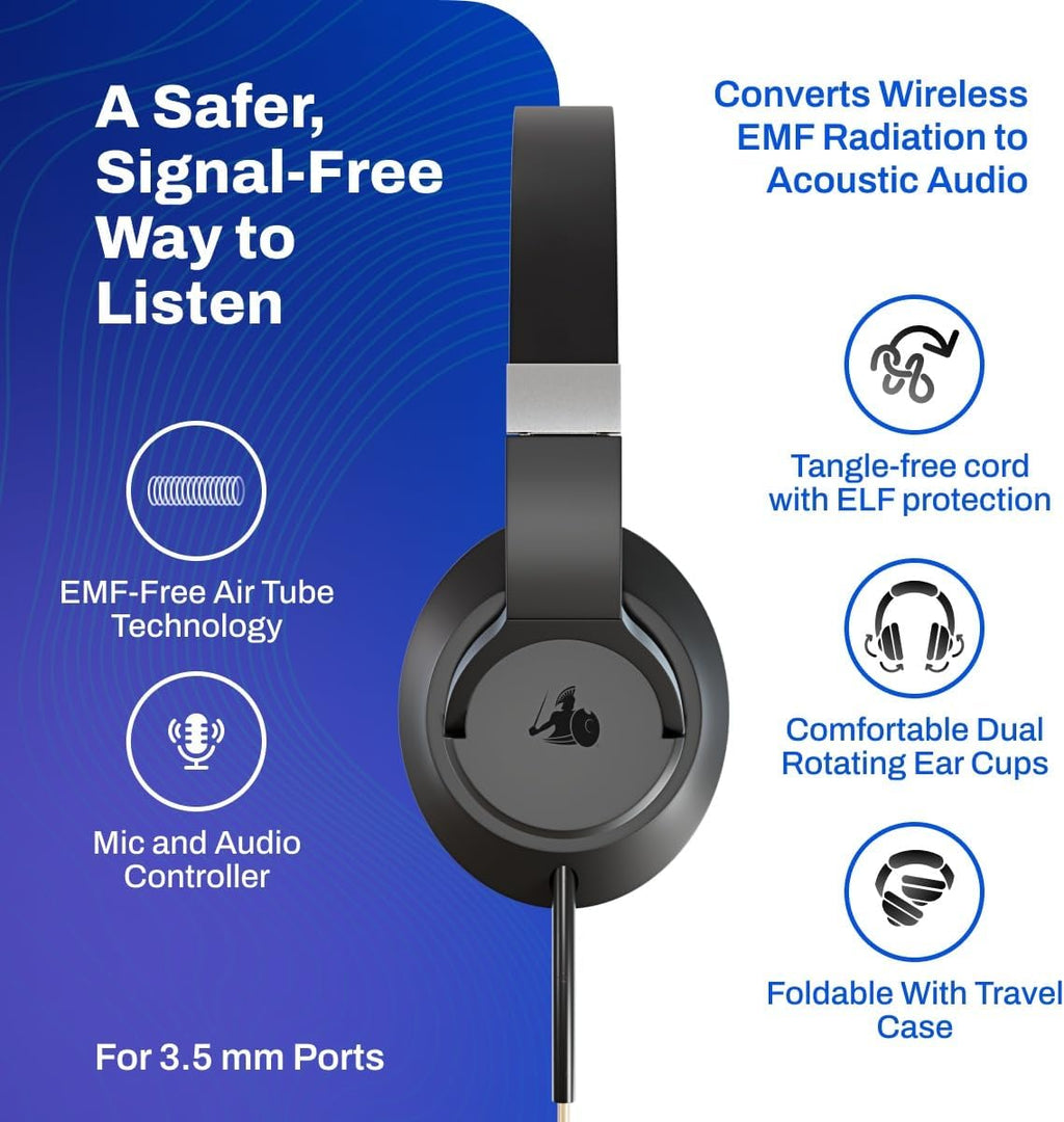 DefenderShield E M F Protection Air Tube Over-Ear Headphones – Designed to Reduce Signal Interference – Built-in Mic and Full-Range Stereo Sound – Foldable Headphones with Mic and Travel Case – 3.5mm