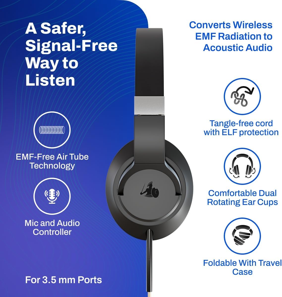 DefenderShield E M F Protection Air Tube Over-Ear Headphones – Designed to Reduce Signal Interference – Built-in Mic and Full-Range Stereo Sound – Foldable Headphones with Mic and Travel Case – 3.5mm