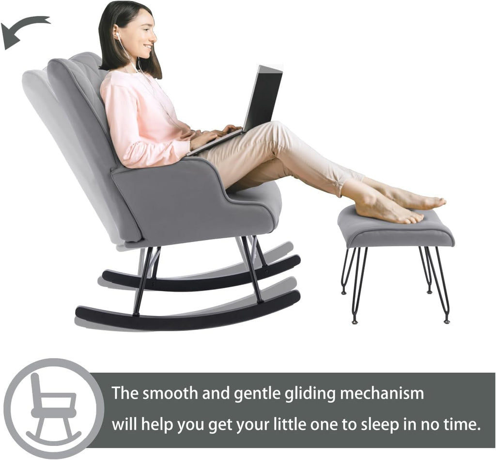 Modern Upholstered Rocking Chair with Ottoman – High Back Glider for Nursery, Living Room, or Bedroom – Comfortable Armchair with Lumbar Support & Sturdy Wood Rockers (Grey Fabric)