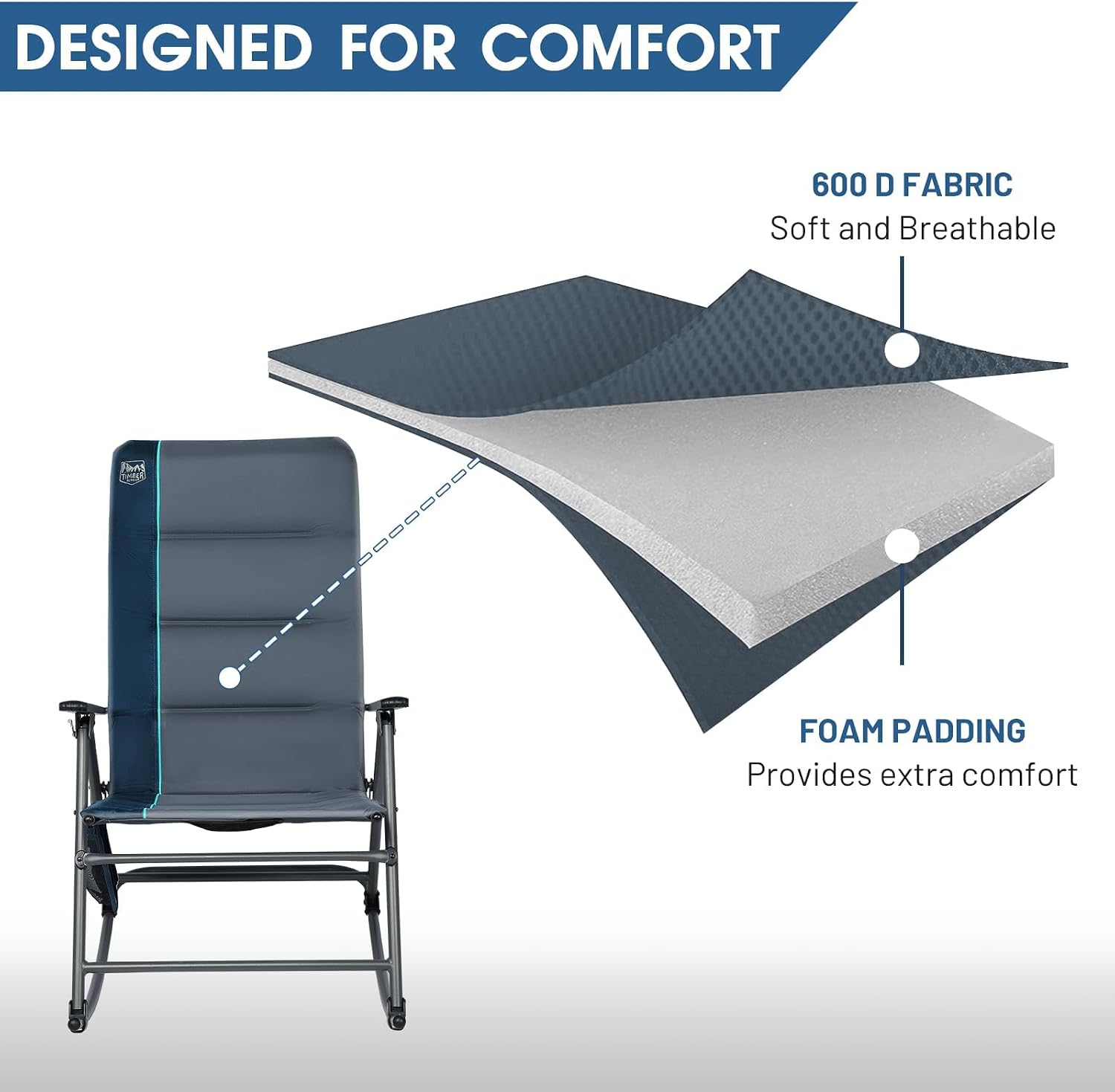 Timber Ridge Oversized Folding Rocking Camping Chair, Padded Outdoor Rocker with High Back, Portable Outdoor Chair for Patio, Garden, Lawn, Supports up to 400 lbs, Blue