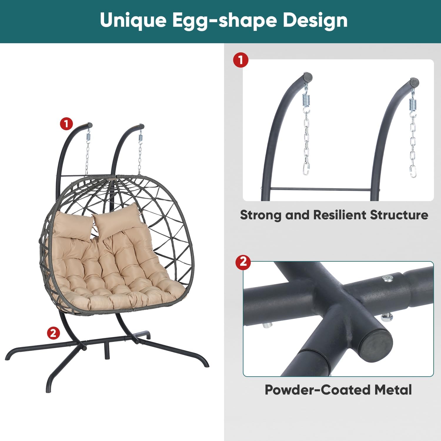 JOYBASE Double Swing Egg Chair with Stand, 2-Person Hanging Egg Chair Wicker Rattan Oversized Swinging Chair for Outdoor Indoor Garden Patio (Khaki Cushion and Grey Rattan)