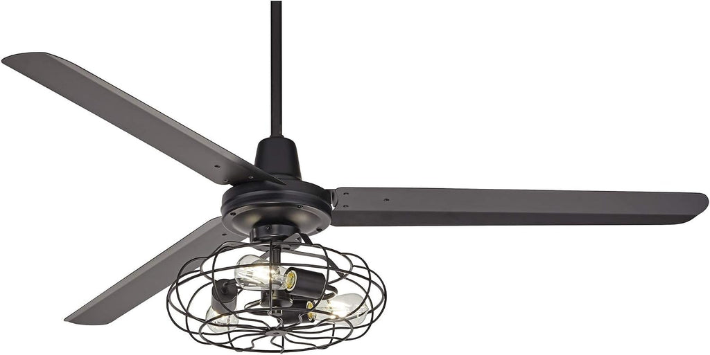 Casa Vieja 60' Turbina Modern Industrial 3 Blade Indoor Outdoor Ceiling Fan with LED 3-Light Remote Control Matte Black Cage Damp Rated for Patio Exterior House Porch Gazebo Garage Barn