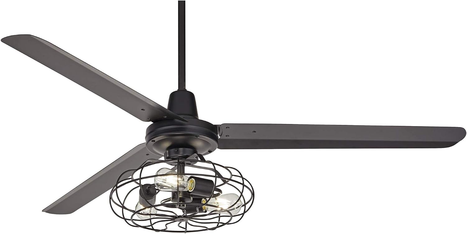 Casa Vieja 60' Turbina Modern Industrial 3 Blade Indoor Outdoor Ceiling Fan with LED 3-Light Remote Control Matte Black Cage Damp Rated for Patio Exterior House Porch Gazebo Garage Barn