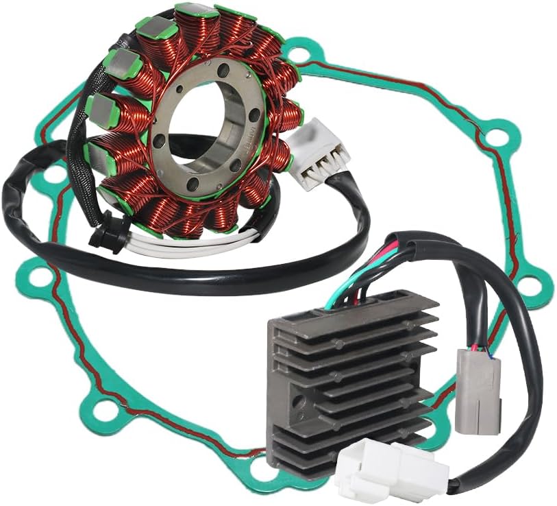 Stator Coil, Regulator Rectifier, Gasket Set Compatible with for Kawasaki ZX600 Ninja 600 ZX6R ZX-6R 2007-2008, Stator OEM: 21003-0049 Rectifier OEM: 21066-0025 Gasket Generator Cover OEM: 11061-0249