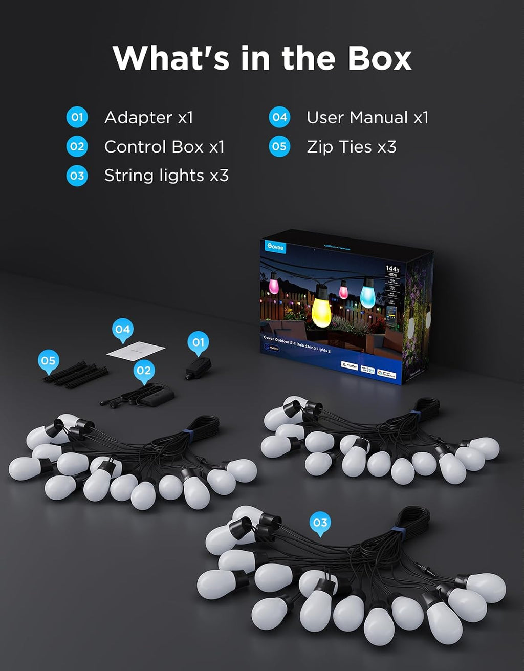 Govee S14 Bulb Outdoor String Lights 2, 144ft Smart RGBIC Warm White Lights with 45 LED Bulbs(3 Ropes of 48ft), 111 Scene Modes for Patio Decor, IP66 Compatible with Alexa, Google, Matter, APP Control