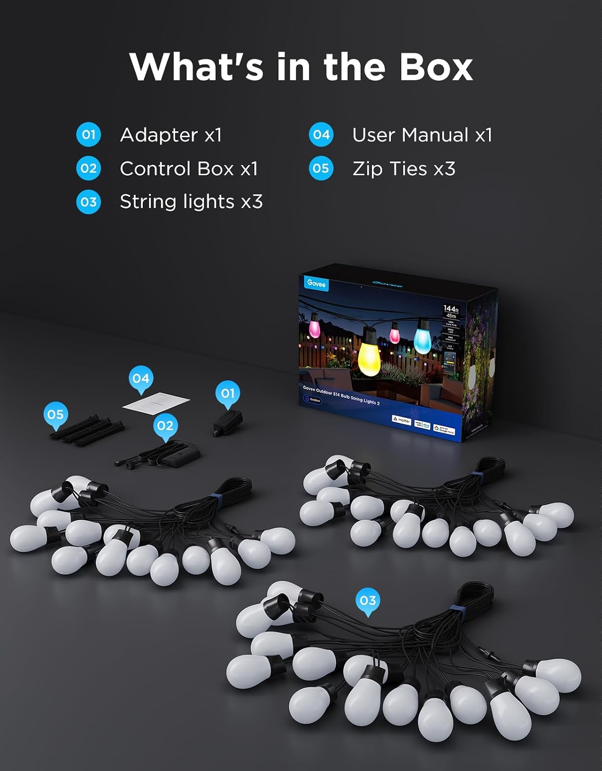 Govee S14 Bulb Outdoor String Lights 2, 144ft Smart RGBIC Warm White Lights with 45 LED Bulbs(3 Ropes of 48ft), 111 Scene Modes for Patio Decor, IP66 Compatible with Alexa, Google, Matter, APP Control