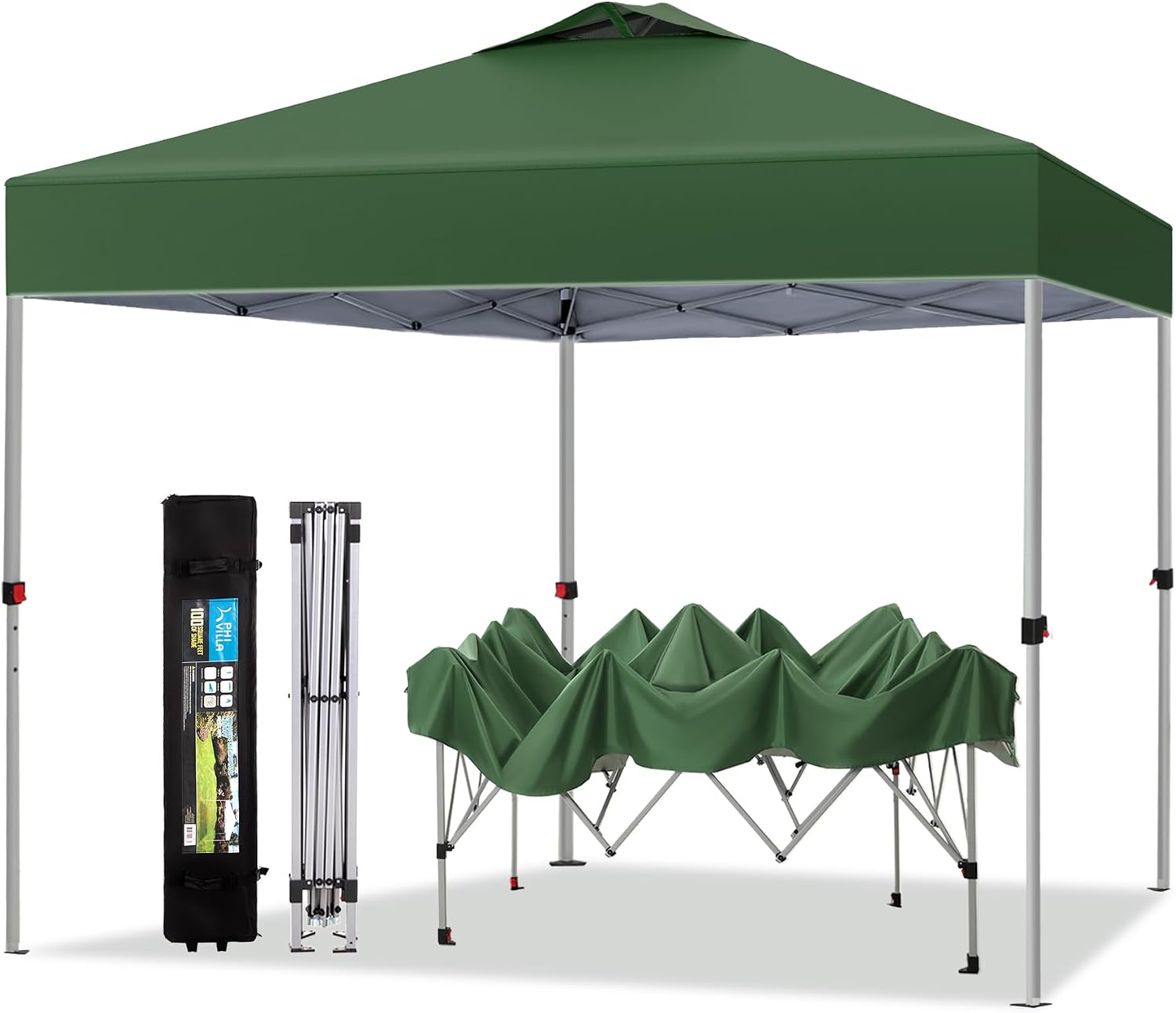 PHI VILLA Pop-up Canopy 10x10 Patio Tent Instant Gazebo Canopy with Wheeled Bag, Portable Lightweight Folding w/Adjustable Height,Green