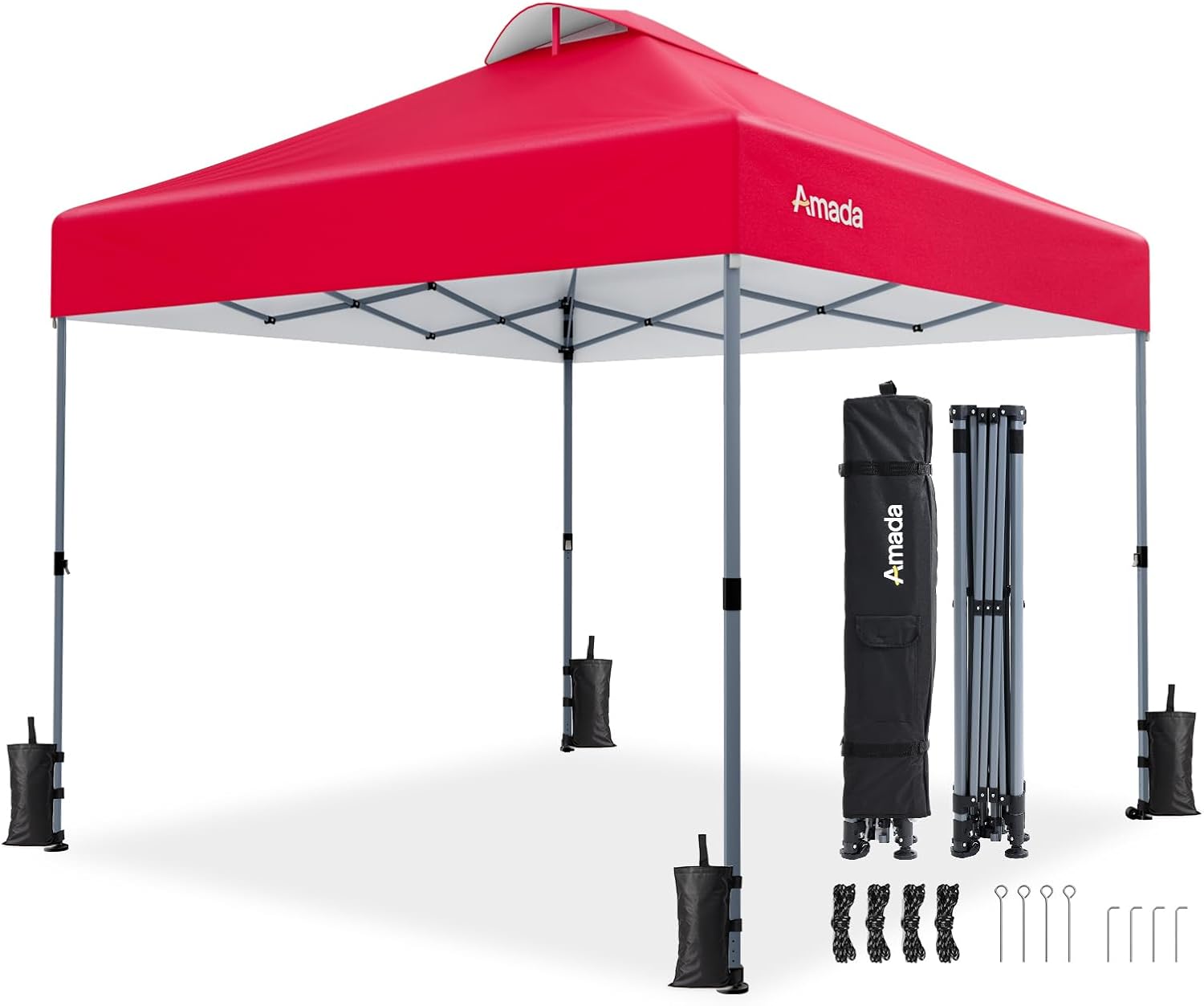 Amada 10x10 Pop Up Canopy - Center Lock One Push Instant Setup Wheeled Gazebo Outdoor Canopy Beach Tent with STO-N-Go Bag 8 Stakes & 4 Sand Bags, 3-Height Adjustable Shade Shelter (10x10ft, Red)
