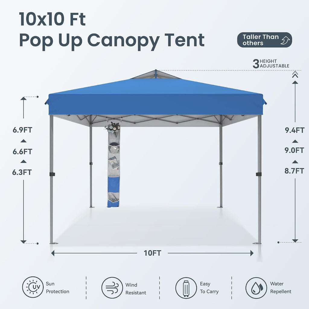 PHI VILLA 10x10 Pop Up Canopy Tent - One Push Setup, Instant Shade Tent with Vented Roof for Beach & Events - Includes Storage Bag, Sandbags, Stakes & Ropes (Blue)