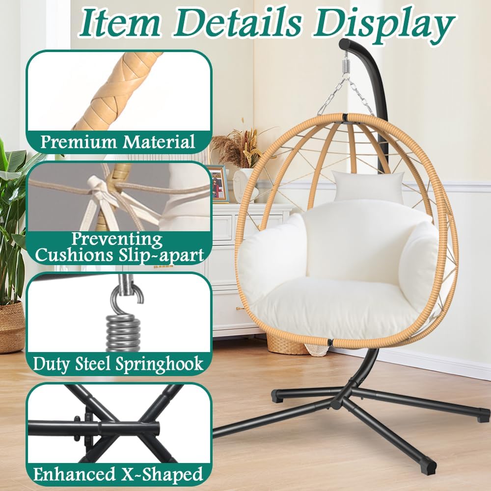 Egg Chair with Stand Hanging Swing Outdoor Indoor Rattan Wicker with UV Resistant Cushions and Pillow Gift for Kid Mom for Bedroom Patio Balcony Nest Chair