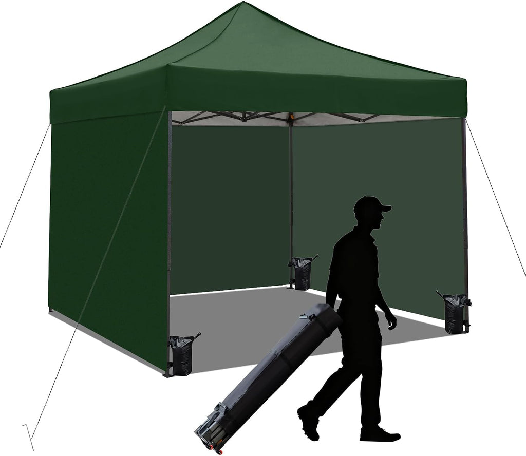 10x10 Pop up Canopy Tent with Sidewalls,Heavy Duty Waterproof Sun Shade Canopy Easy up Canopy with Wheel Bag Commercial Gazebo Tent for Outdoors Parties Vendors Camping Beach(Dark Green)
