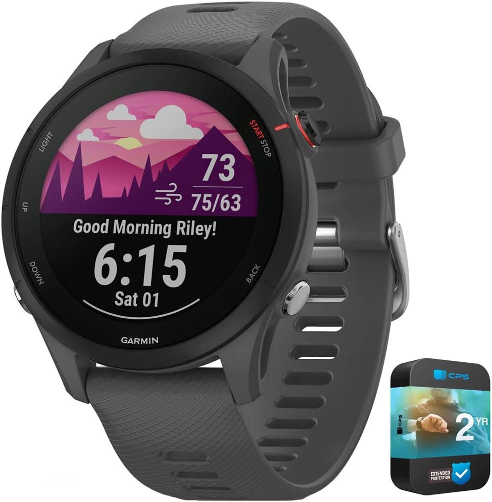 Garmin Forerunner 255 GPS Smartwatch Slate Gray Bundle with 2 YR CPS Enhanced Protection Pack (010-02641-00) (Renewed)