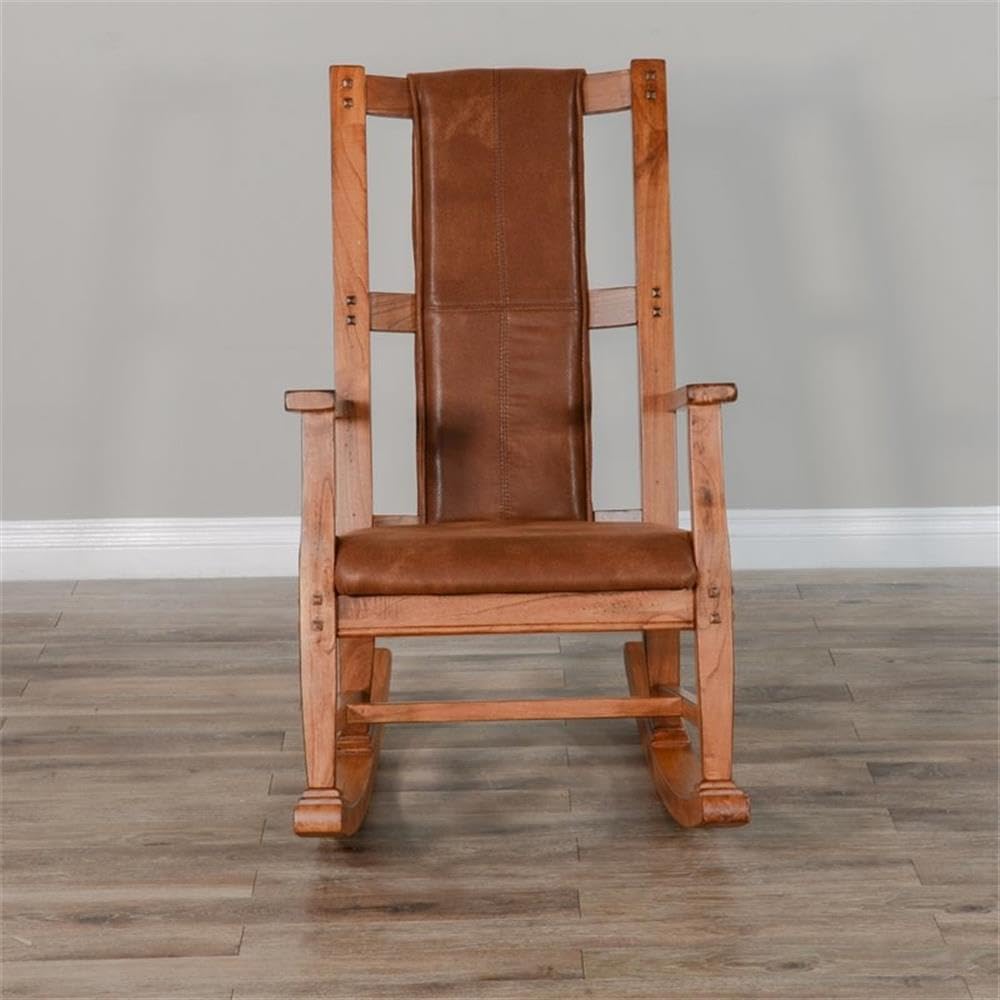 Pemberly Row Mahogany Rocking Chair with Cushioned Seat and Back, Studded Accents, Smooth Rocking Motion, Rustic Oak