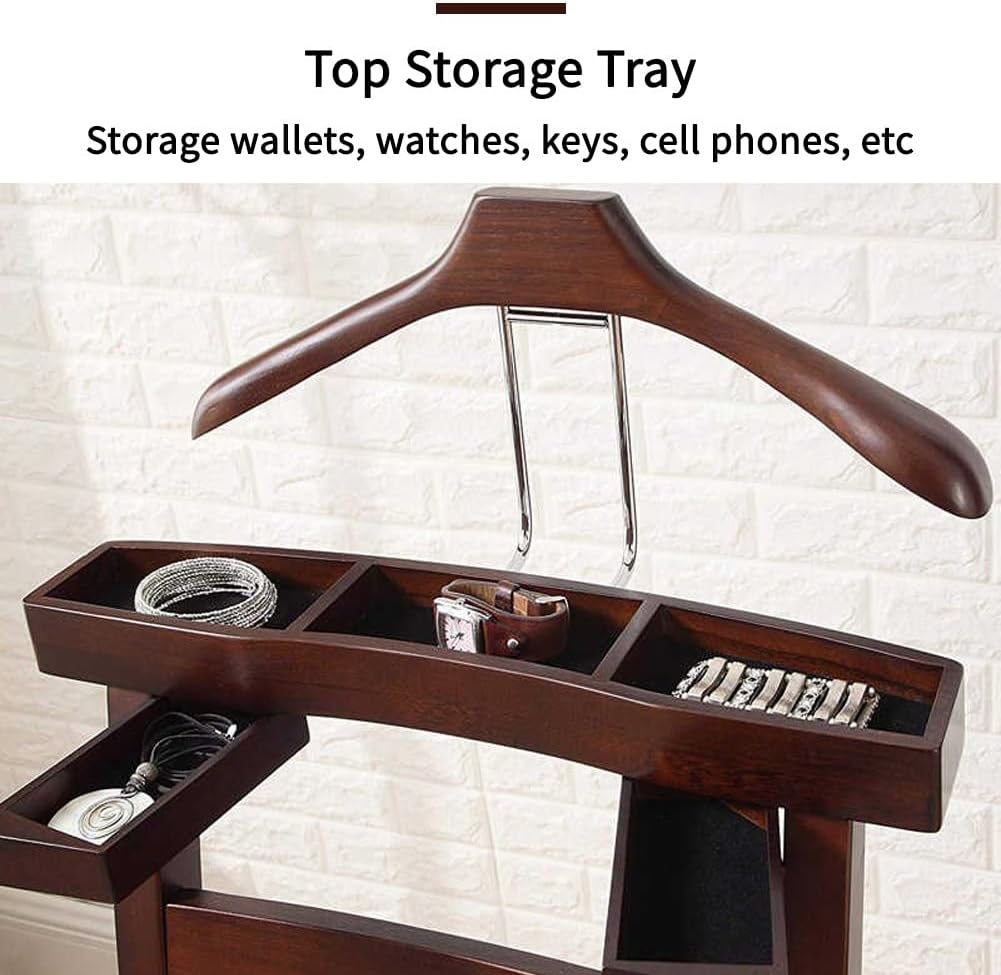 Chair Valet With Drawer Wooden Suit Valet Stand With Contour Hanger Trouser Bar And Top Storage Tray Freestanding Clothes Rack For Men And Women Clothing Organizer For Office Hotel(Dark Brown A)