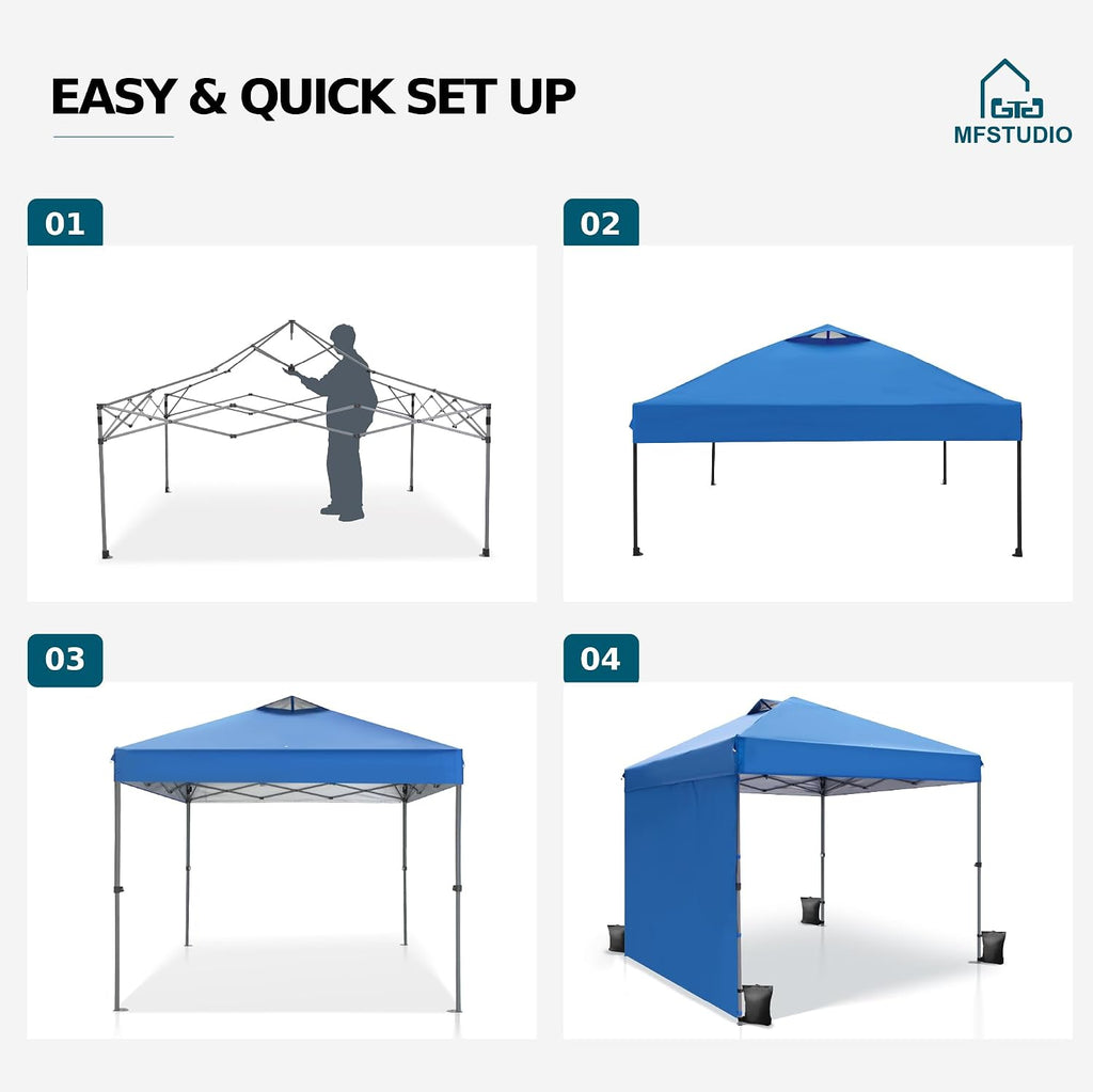 MFSTUDIO 10x10 Pop up Canopy Tent, Gazebo Shelter Sun Shade Canopies One Push Setup Portable Popup Tents with Vented Top,1 Storage Sidewall,4 Sandbags,for Beach,Parties,Camping