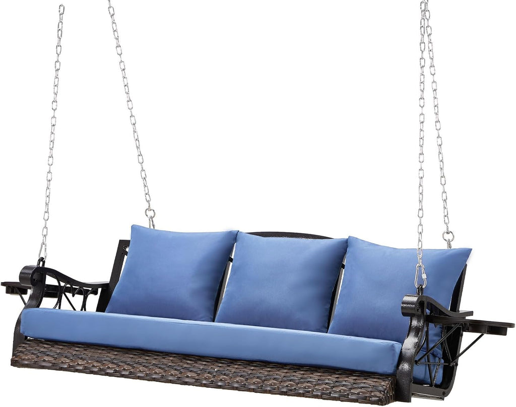 ZZW Heavy Duty 900 LBS Porch Swing Chair 3-Person Outdoor Rattan Patio Swing Lounge w/Cup-Holder & Steel Chains Wicker Hanging Bench Porch Swing Cushions for Deck & Backyard & Garden