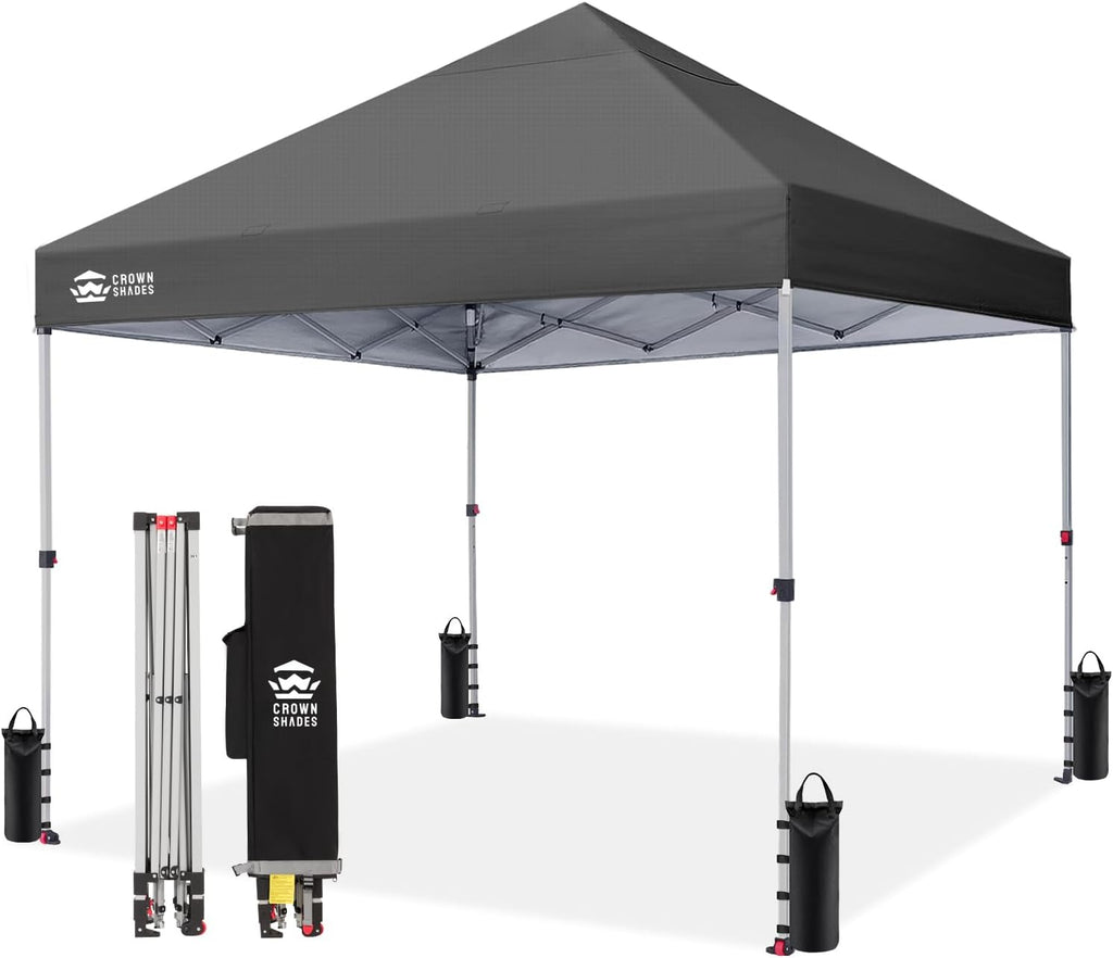 CROWN SHADES 8x8 Pop Up Canopy - Beach Tent with One Push Setup - Easy Outdoor Sun Shade for Events, Parties, Camping - Gazebo with STO-N-Go Cover Bag, Silver Coated Top,Grid Grey