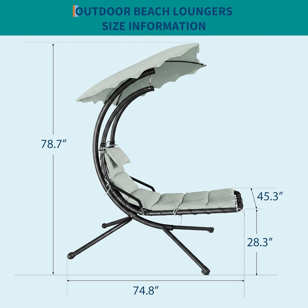 Chaise Lounger Swing Chair with Umbrella Canopy, Patio Hanging Chaise Lounger Chair with Stand, Curved Steel Outdoor Lounge Chairs for Indoor Patio Pool Garden Backyard Porch