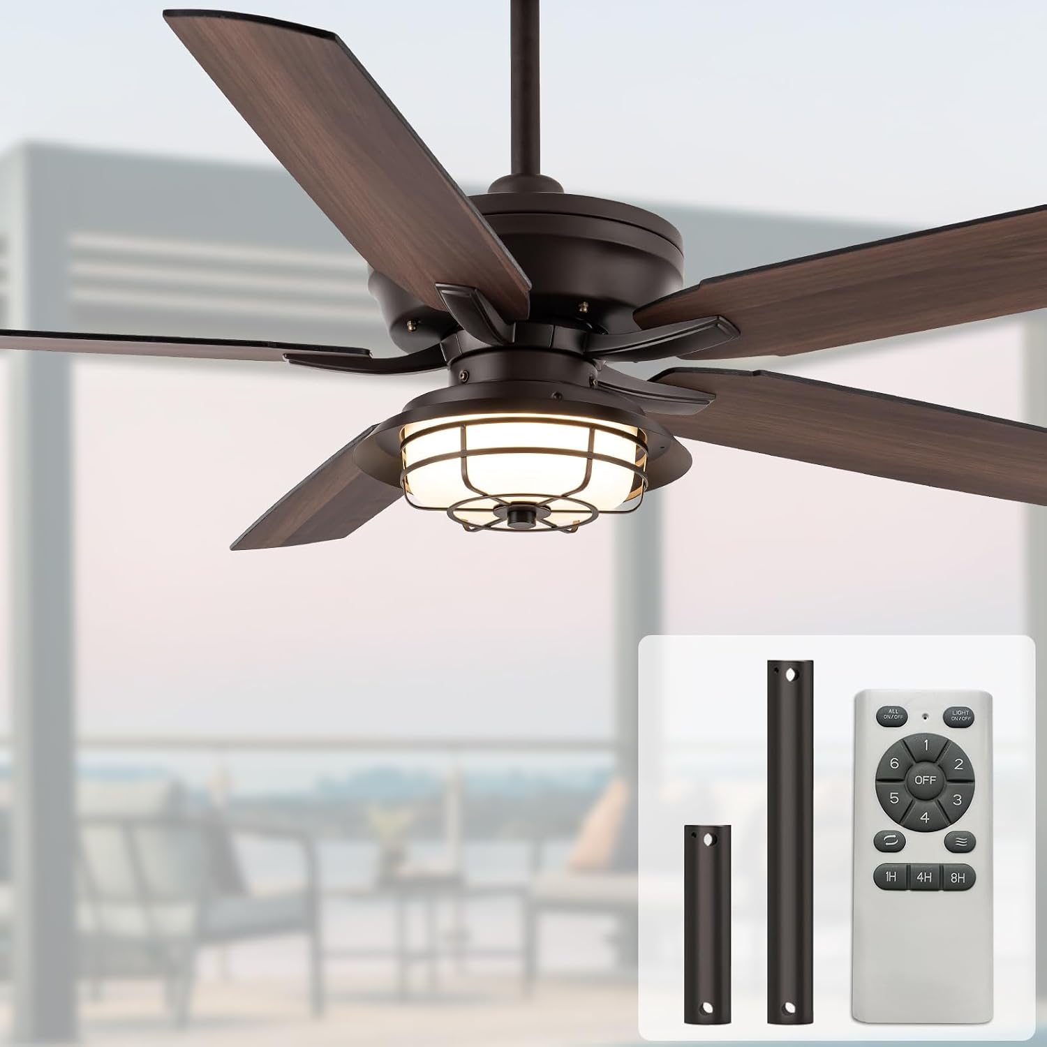NORFOLK Outdoor Ceiling Fans with Lights and Remote, Waterproof 60 Inch Ceiling Fan with 3 Color LED Light for Patios, Gazebos, and Indoor, Wet Rated Farmhouse Modern Style