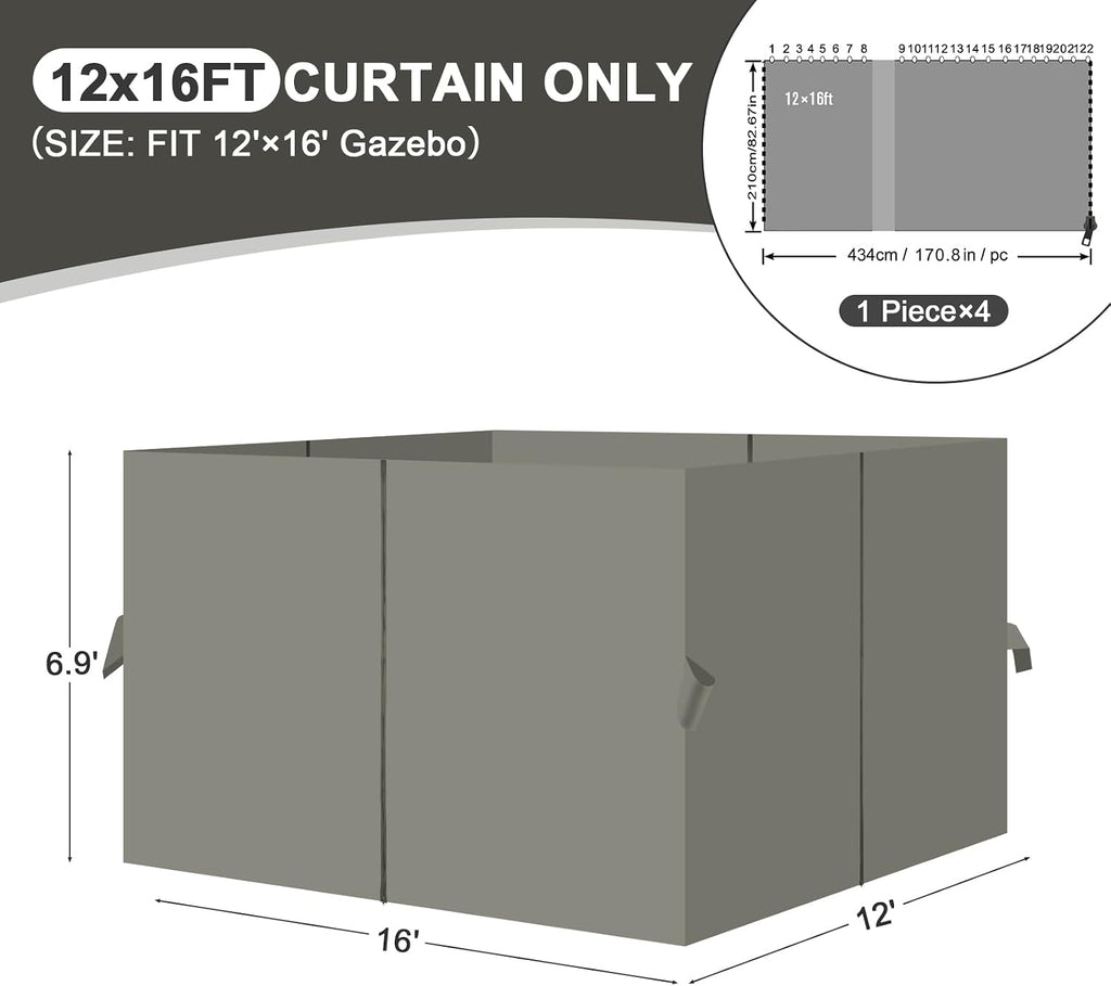 Aoodor 12x16 ft Outdoor Gazebo Curtains, 4 Panels Waterproof Privacy Sidewall Replacement with Zipper for Patio Pergola and Canopy, Gray
