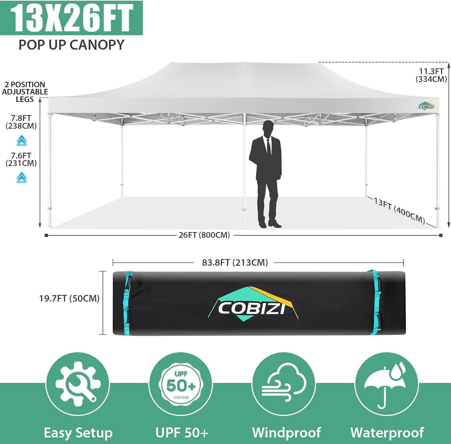 COBIZI 13x26 Heavy Duty Pop Up Canopy with 6 Sidewalls Party Tent Outdoor Wedding Large Event Tent with Roller Bag for Garden Lawn Waterproof UPF 50+ Easy Up, White (Framework Upgraded)