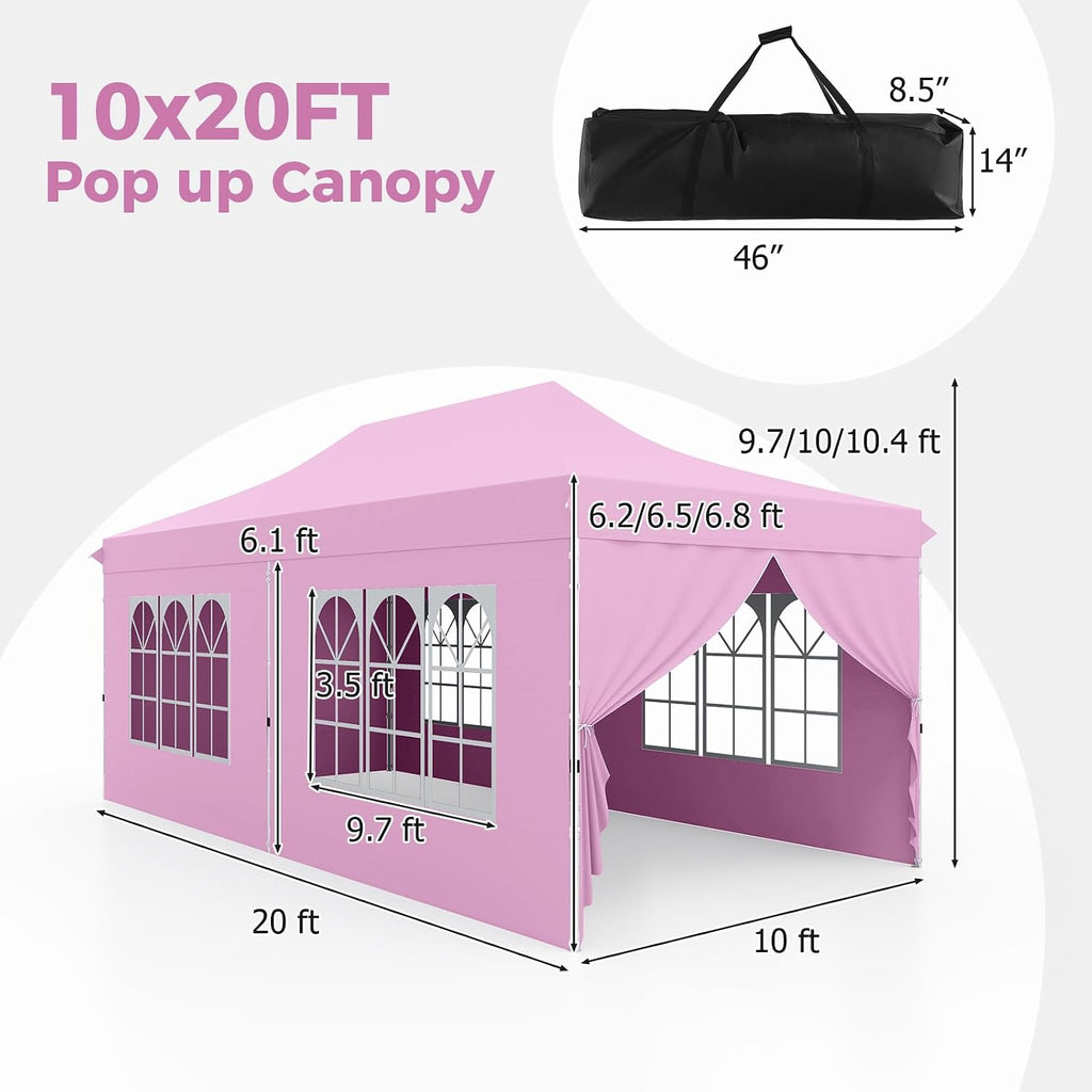 HAPPYGRILL 10x20 Pop Up Canopy Tent with Detachable Sidewalls, Waterproof UPF 50+ Outdoor Instant Gazebo Shelter with Carry Bag for Party Wedding Patio Garden, Pink