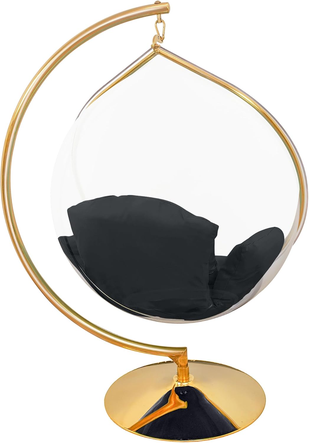 Hanging Chair - Transparent Acrylic Bubble, Waterdrop Shape, Indoor Swing Chair with Gold/Chrome Stand, Durable Fabric Cushion - Luxury Accent for Living Room, Bedroom (Gold/Black)