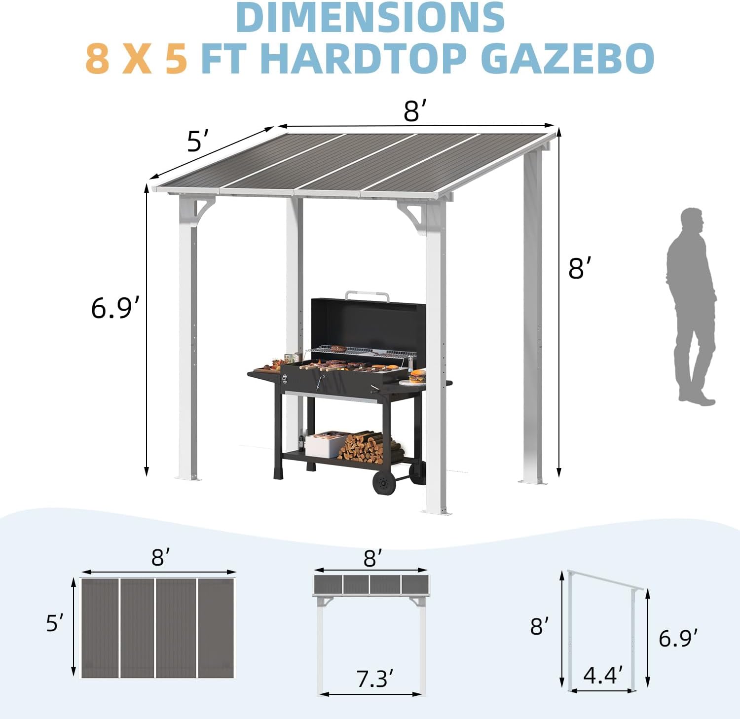 AECOJOY 8' x 5' White Gazebo Outdoor Pergola for Patio, Lean to Hard Top Grill Gazebo Shelter Pergolas and Gazebos Clearance with Roof, Small Wall-Mounted Heavy Duty Awnings for Patio, Decks, Backyard