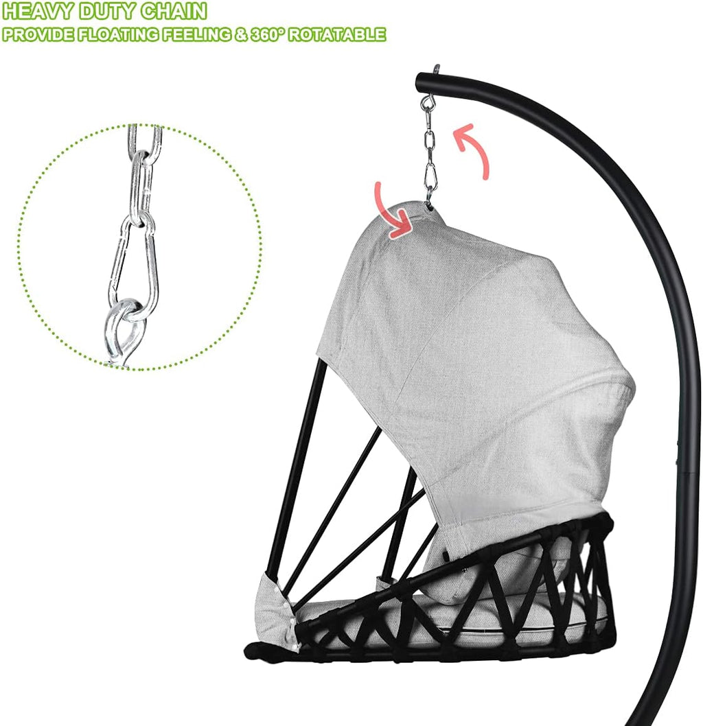 Foldable Hanging Chair Swing Hammock Egg Chair PE Rattan Wicker Seat w/Padded Cushion Headrest Pillow Canopy for Outdoor, Indoor, Grey