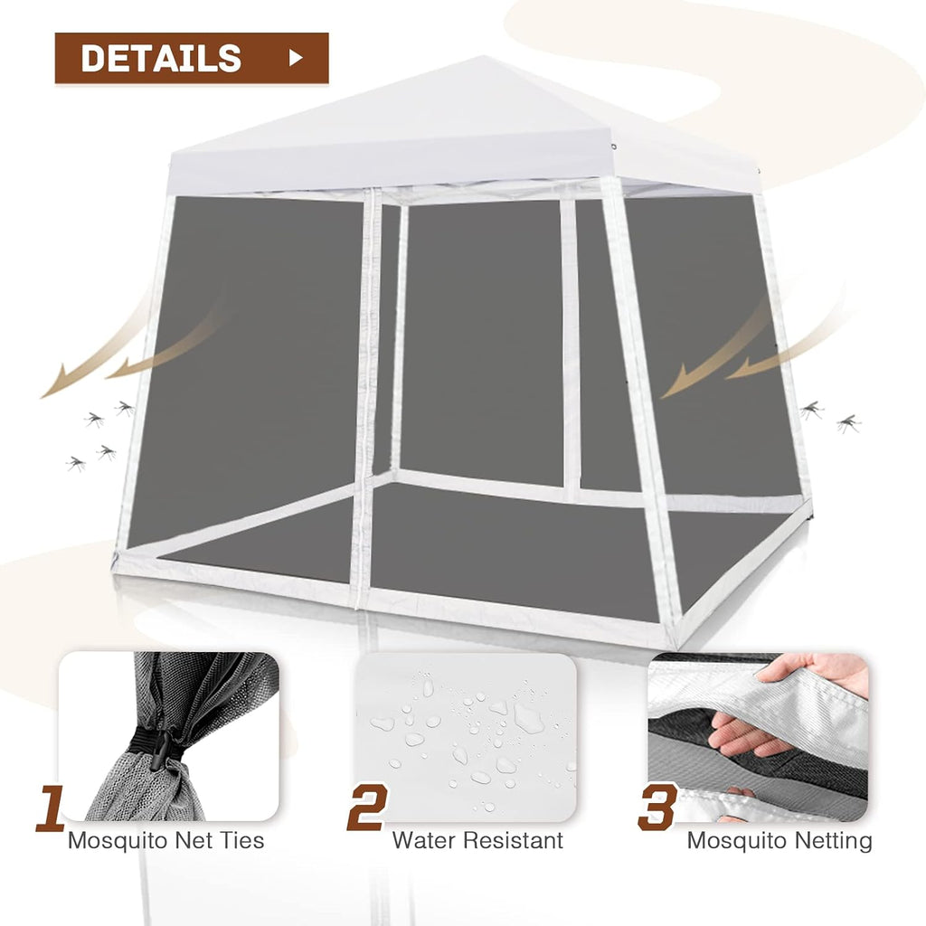 10x10 Pop Up Canopy Tent, Slant Leg Instant Screened Gazebo with Mesh Walls, UV Protection, Water Resistant, White