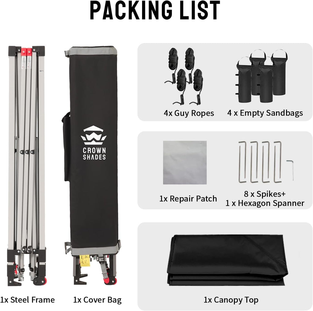 CROWN SHADES 12x12 Pop Up Canopy Outside Canopy, Patented One Push Tent Canopy with Wheeled Carry Bag, Bonus 8 Stakes and 4 Ropes, Black