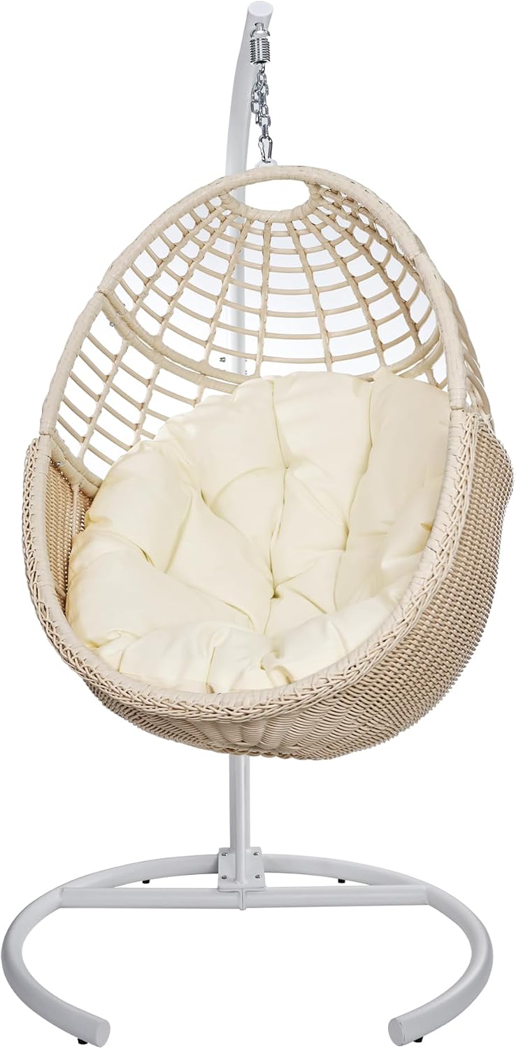 Hanging Egg Chair Swing Chair with Stand Wicker Rattan for Indoor Outdoor Patio Bedroom Hammock with Steel Frame and Cushion, 300 lbs Capacity, Beige
