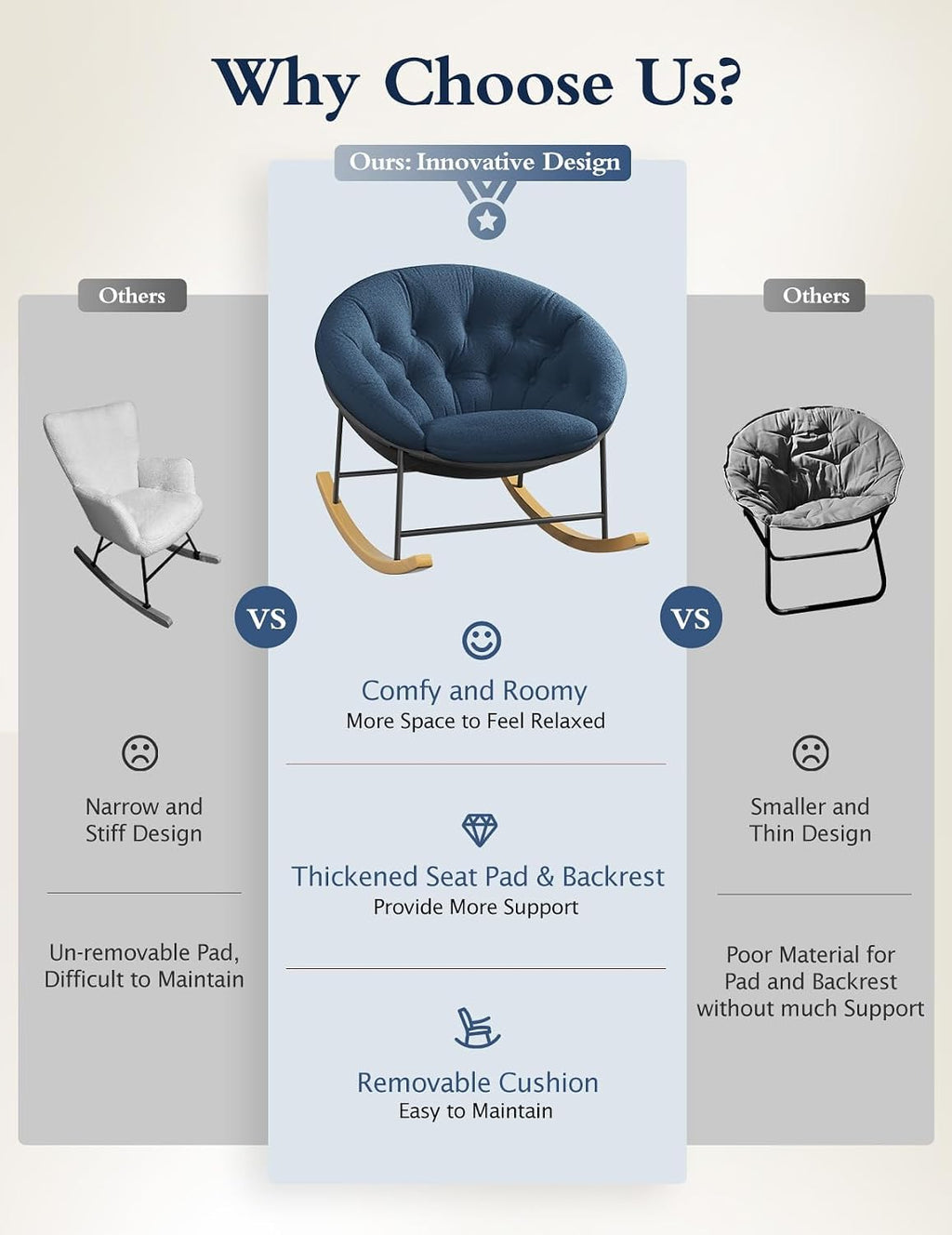 Kidirect Wide Rocking Chair Nursery, Comfy Saucer Nursery Rocking Chairs with Removable Cushion, Indoor Papasan Nursing Chair for Breastfeeding, Mecedora para Adultos for Living Room & Bedroom (Blue)