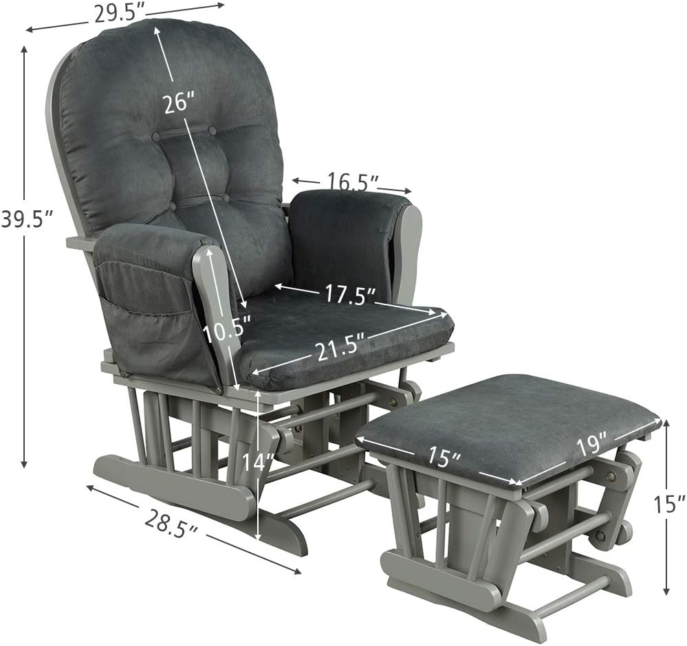 Costzon Nursery Glider with Ottoman, Upholstered Comfort Glider Rocker with Padded Cushion, Storage Pocket, Solid Wood Base, Rocking Chair Nursery for Breastfeeding, Napping (Dark Gray)