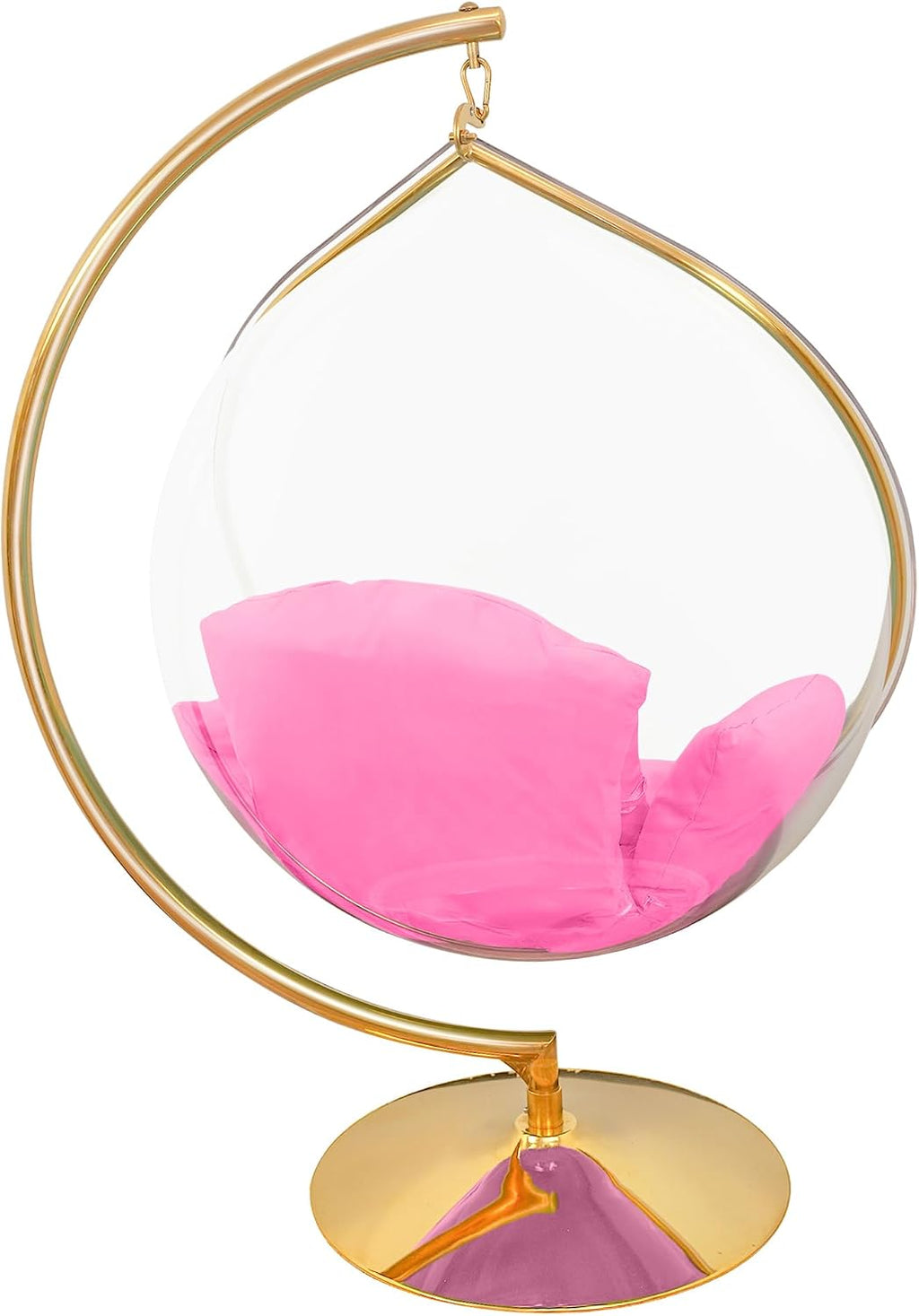 Hanging Chair - Transparent Acrylic Bubble, Waterdrop Shape, Indoor Swing Chair with Gold/Chrome Stand, Durable Fabric Cushion - Luxury Accent for Living Room, Bedroom (Gold/Pink)