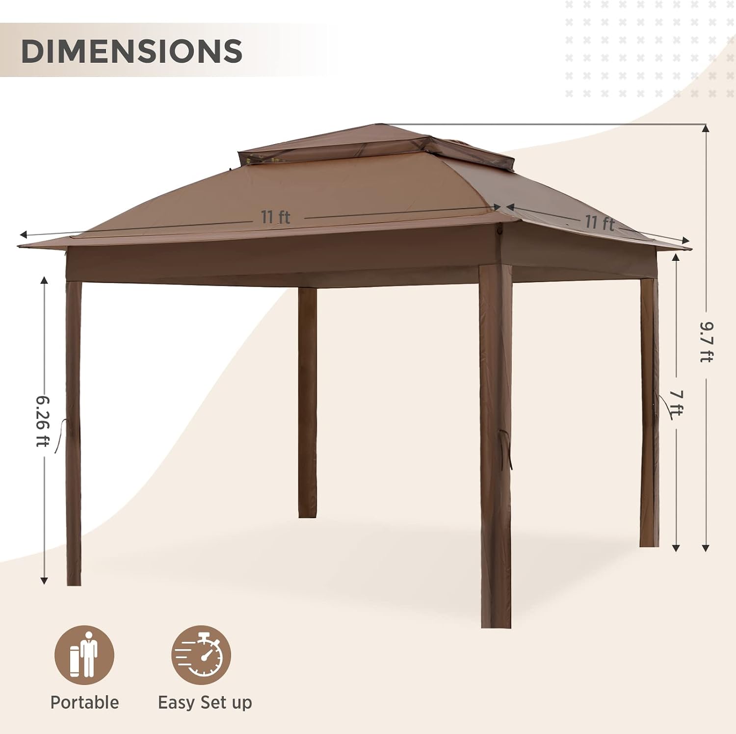 COOS BAY 11x11 Replacement Gazebo Top with Air Vent Sunshade Polyester Top Cover Only, Brown