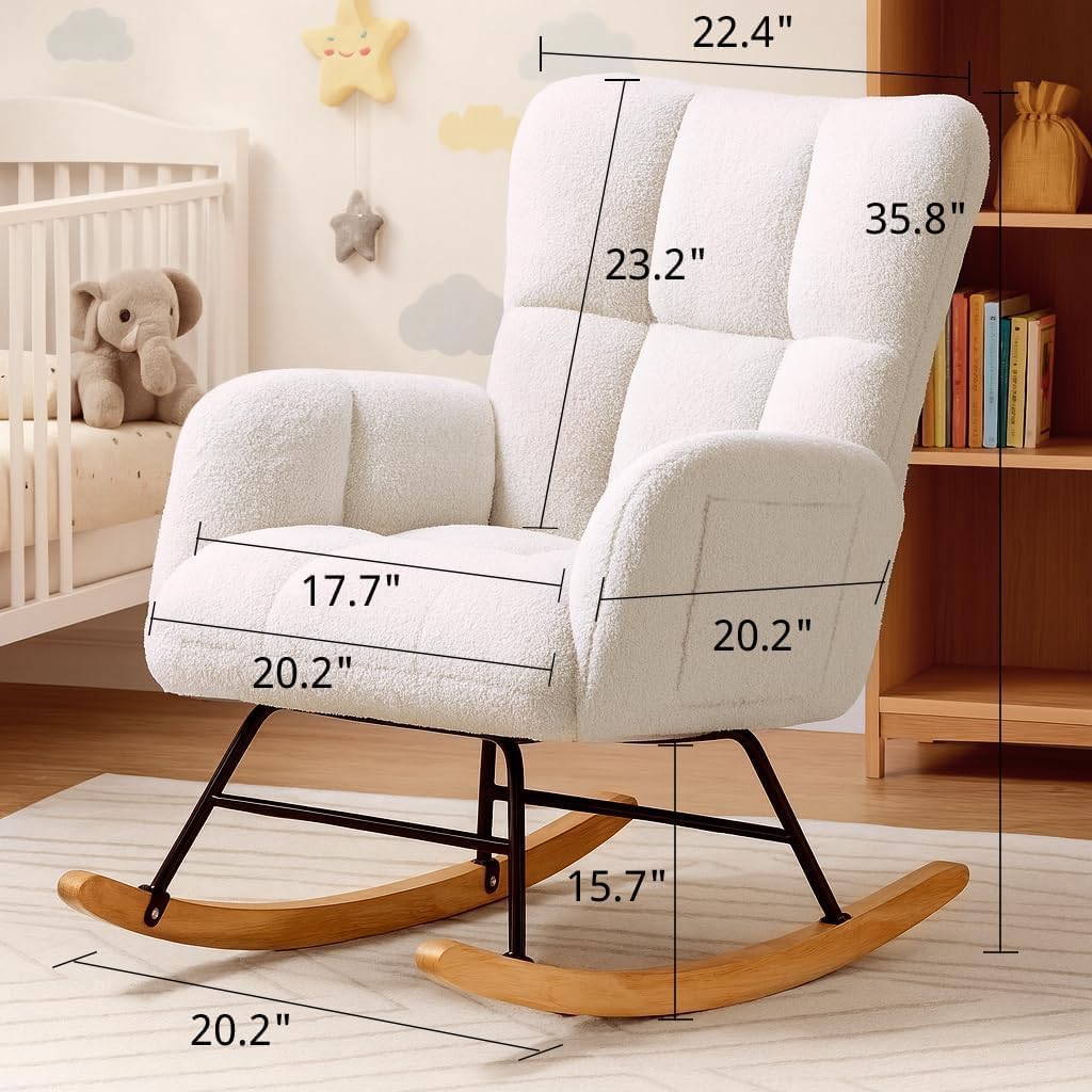 COMHOMA Nursery Rocking Chair, Teddy Upholstered Glider Rocking Chair with Side Pockets, Accent Chair with High Backrest Reading Chair for Adult, Nursery, Bedroom, Living Room,Offices (White)