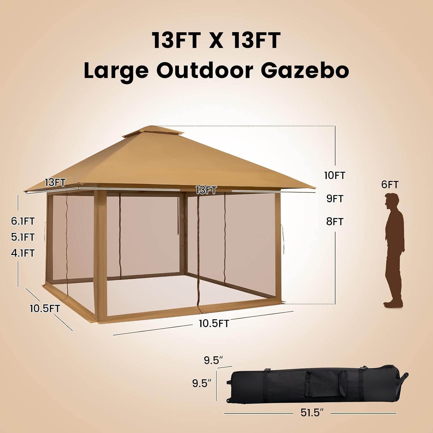 Tangkula 13x13 Ft Pop Up Gazebo with Netting, 2 Tier Patio Gazebo with Center Lock, Mesh Sidewalls, 4 More Ribs, Wheeled Bag, Easy Setup Instant Outdoor Shelter for Garden, Deck, Backyard, UPF50+